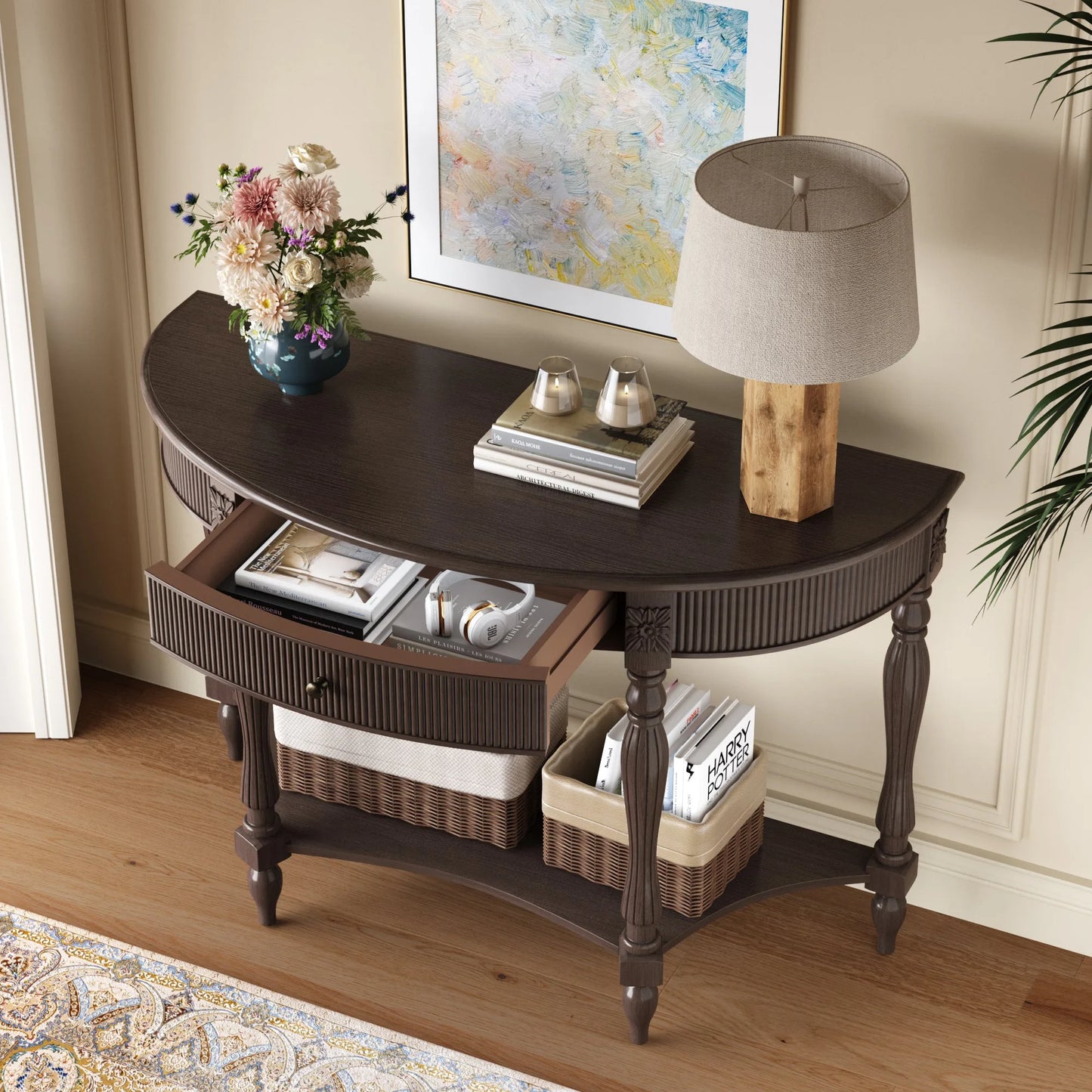 Solid Wood Half Moon Console Table with Drawer & Shelf, Fluted Vintage Curved Entryway Table for Hallway Living Room Foyer, Narrow Space Sofa Table with Roman Column Carved Legs, Deep Rustic Brown detail view 2