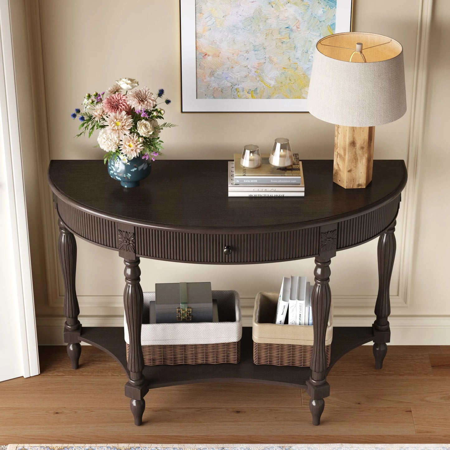 Solid Wood Half Moon Console Table with Drawer & Shelf, Fluted Vintage Curved Entryway Table for Hallway Living Room Foyer, Narrow Space Sofa Table with Roman Column Carved Legs, Deep Rustic Brown detail view 3