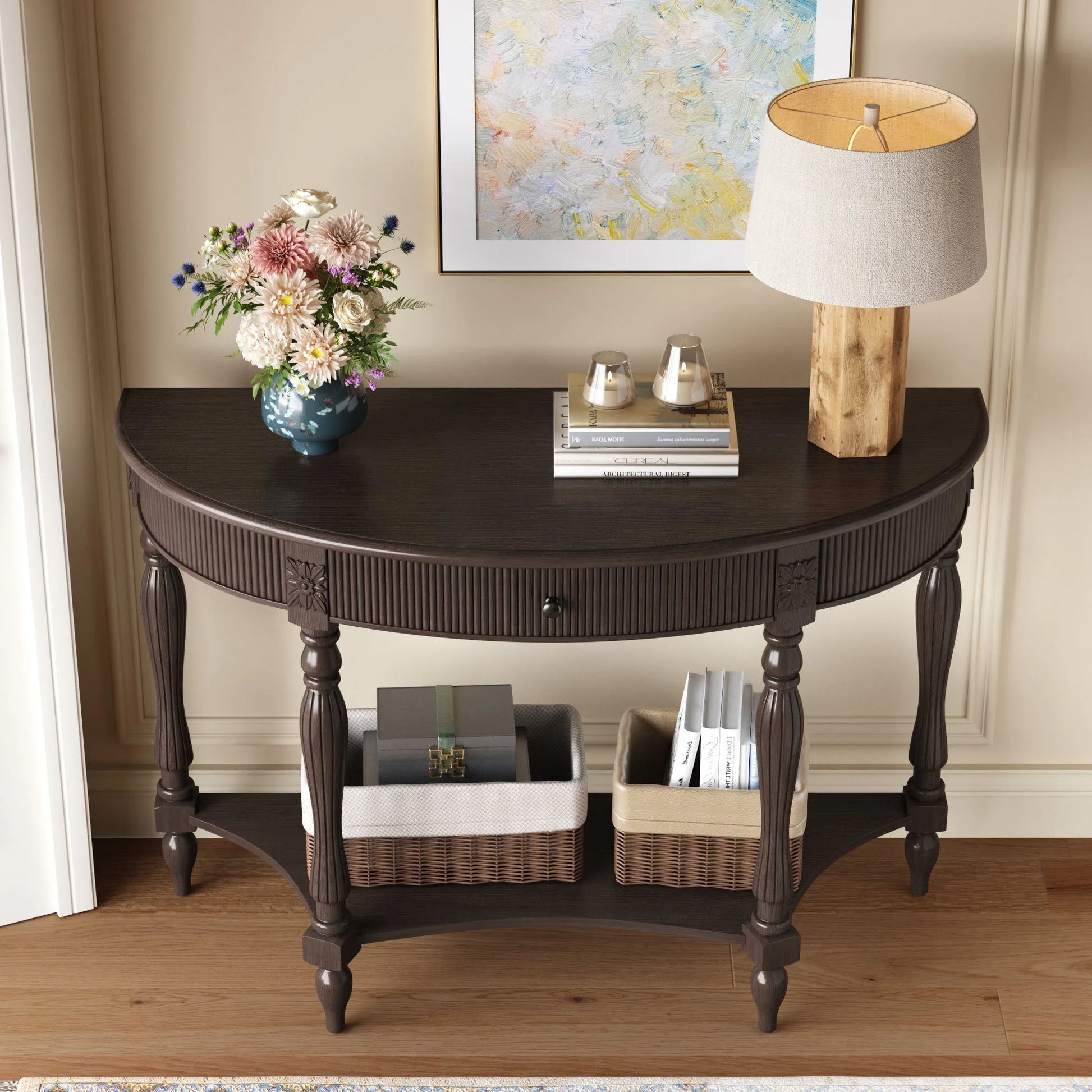 Solid Wood Half Moon Console Table with Drawer & Shelf, Fluted Vintage Curved Entryway Table for Hallway Living Room Foyer, Narrow Space Sofa Table with Roman Column Carved Legs, Deep Rustic Brown detail view 3