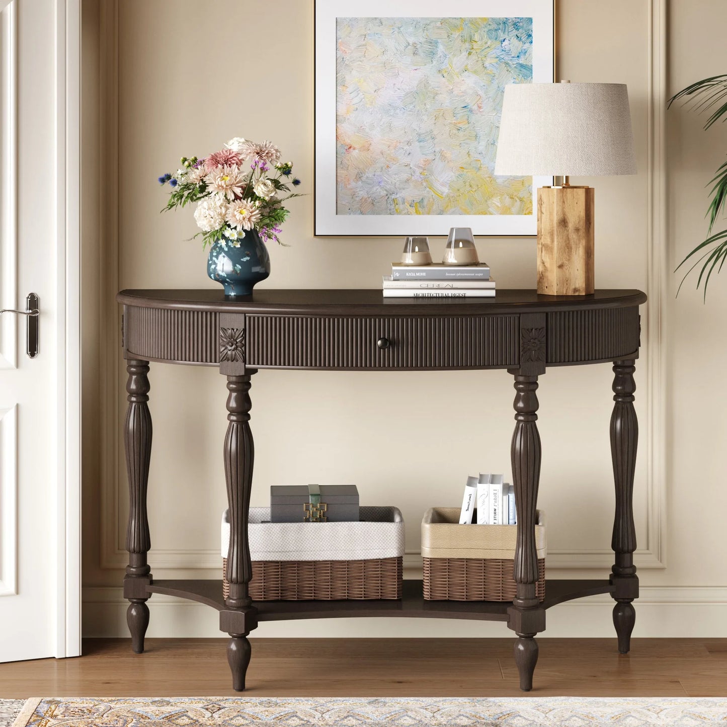 Solid Wood Half Moon Console Table with Drawer & Shelf, Fluted Vintage Curved Entryway Table for Hallway Living Room Foyer, Narrow Space Sofa Table with Roman Column Carved Legs, Deep Rustic Brown detail view 4
