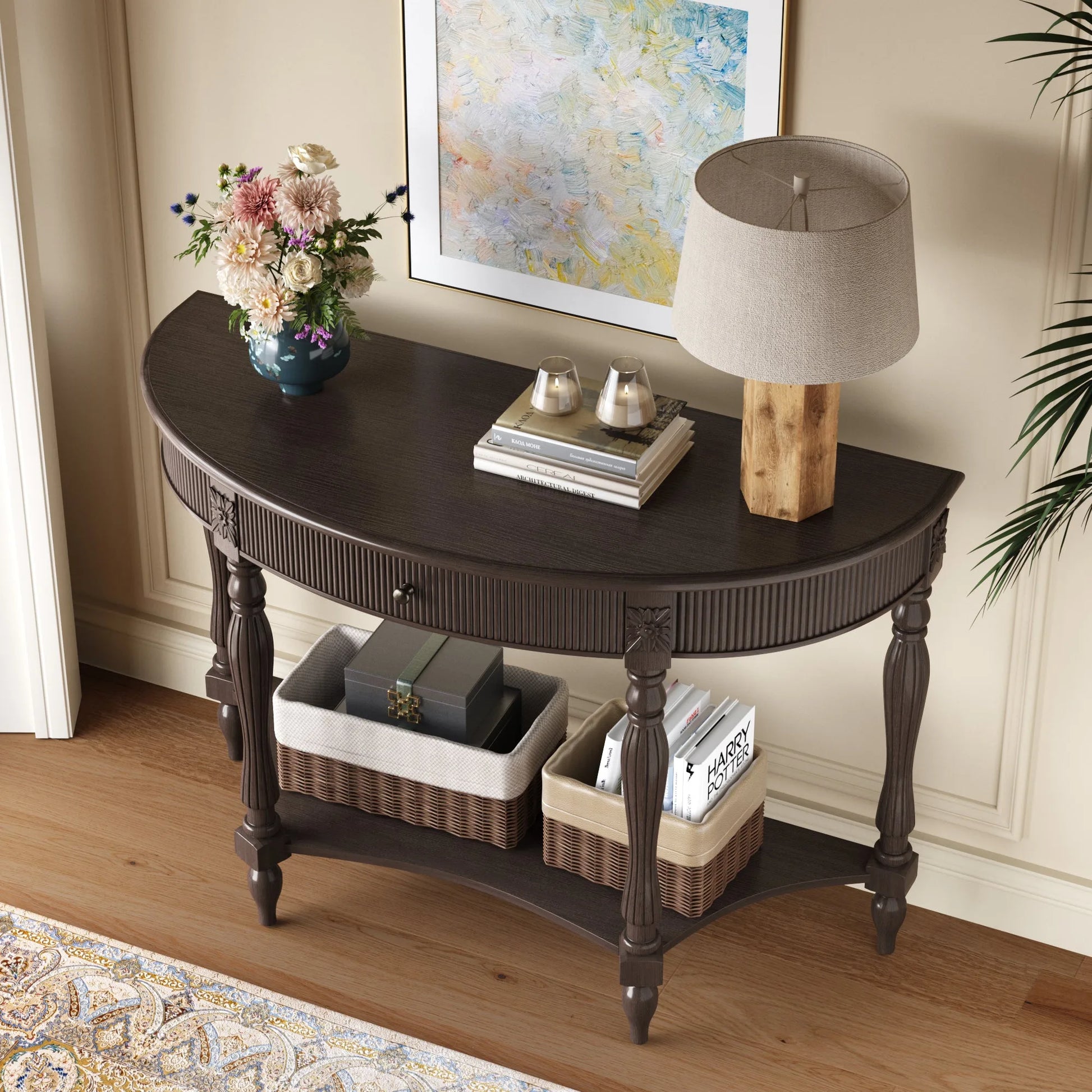 Solid Wood Half Moon Console Table with Drawer & Shelf, Fluted Vintage Curved Entryway Table for Hallway Living Room Foyer, Narrow Space Sofa Table with Roman Column Carved Legs, Deep Rustic Brown detail view 5