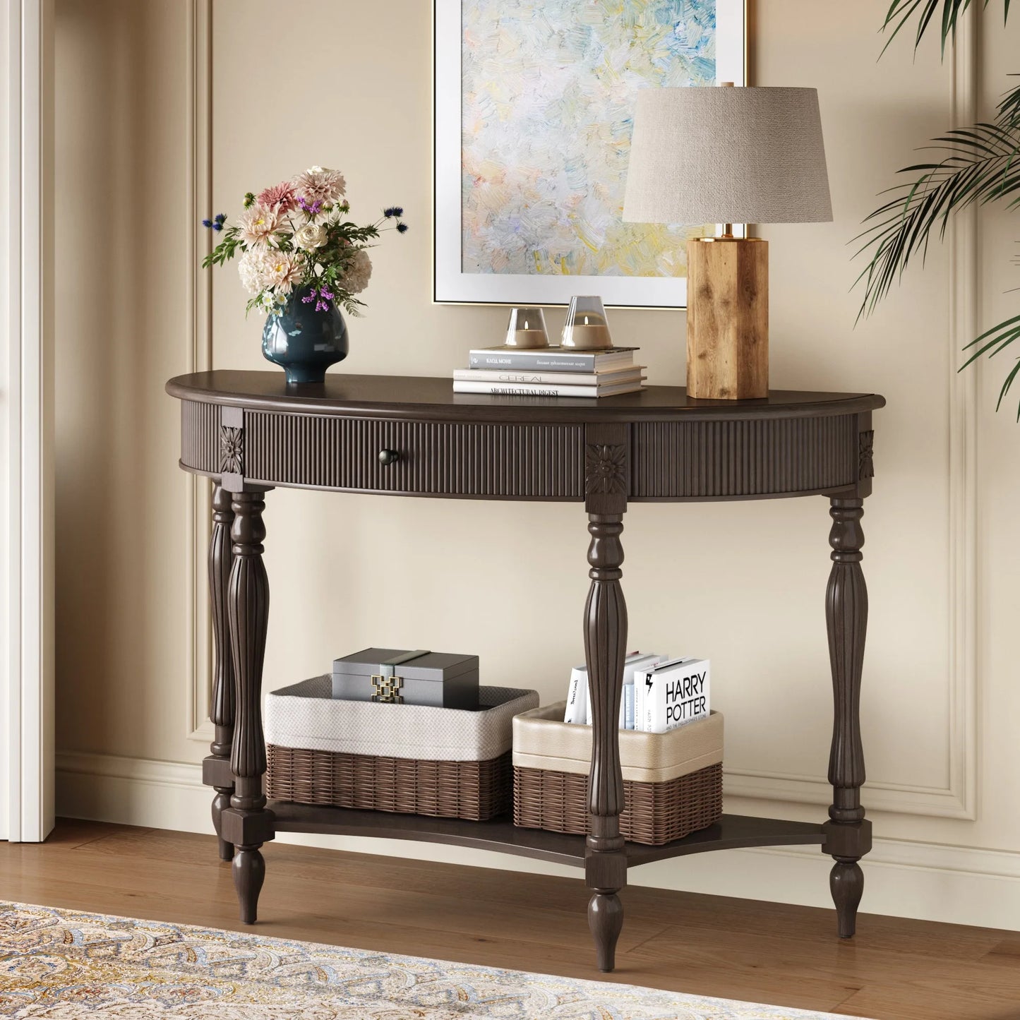 Solid Wood Half Moon Console Table with Drawer & Shelf, Fluted Vintage Curved Entryway Table for Hallway Living Room Foyer, Narrow Space Sofa Table with Roman Column Carved Legs, Deep Rustic Brown detail view 6