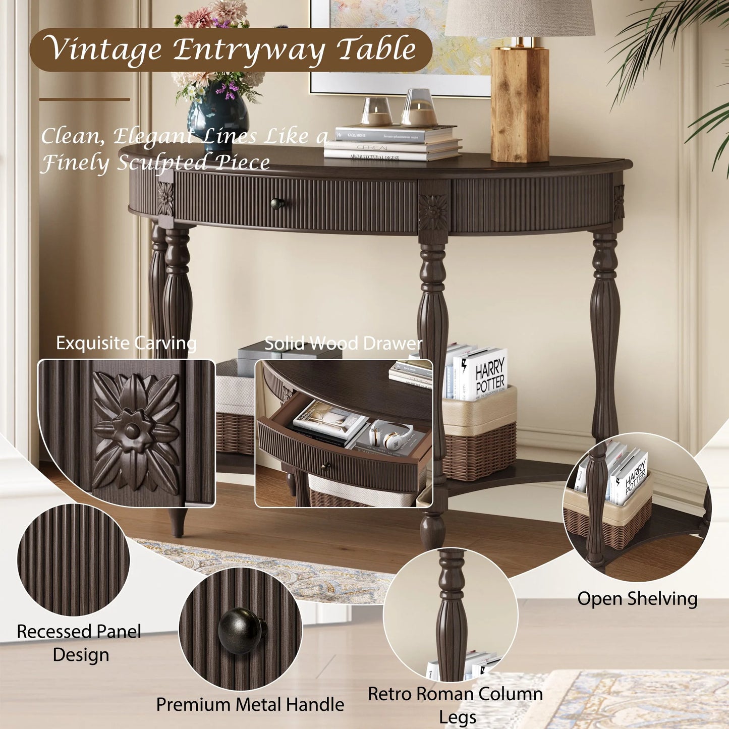 Solid Wood Half Moon Console Table with Drawer & Shelf, Fluted Vintage Curved Entryway Table for Hallway Living Room Foyer, Narrow Space Sofa Table with Roman Column Carved Legs, Deep Rustic Brown detail view 7
