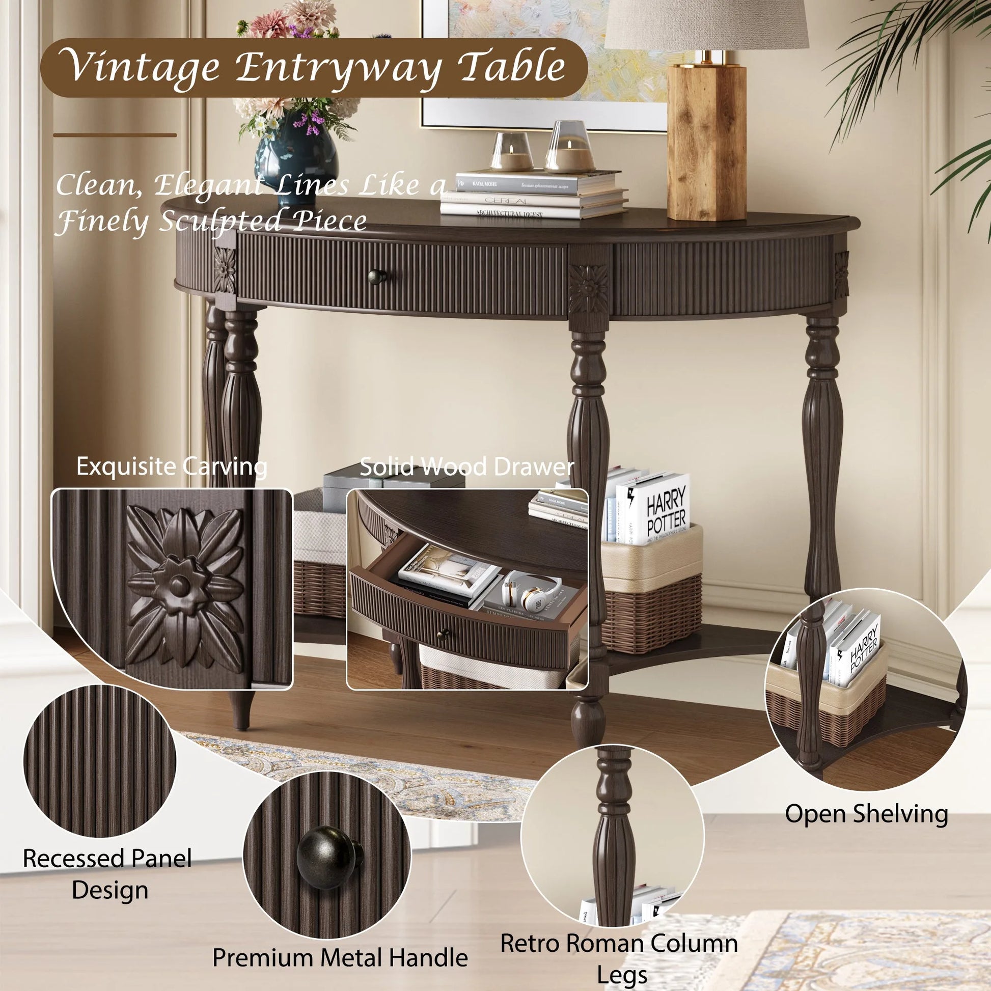 Solid Wood Half Moon Console Table with Drawer & Shelf, Fluted Vintage Curved Entryway Table for Hallway Living Room Foyer, Narrow Space Sofa Table with Roman Column Carved Legs, Deep Rustic Brown detail view 7