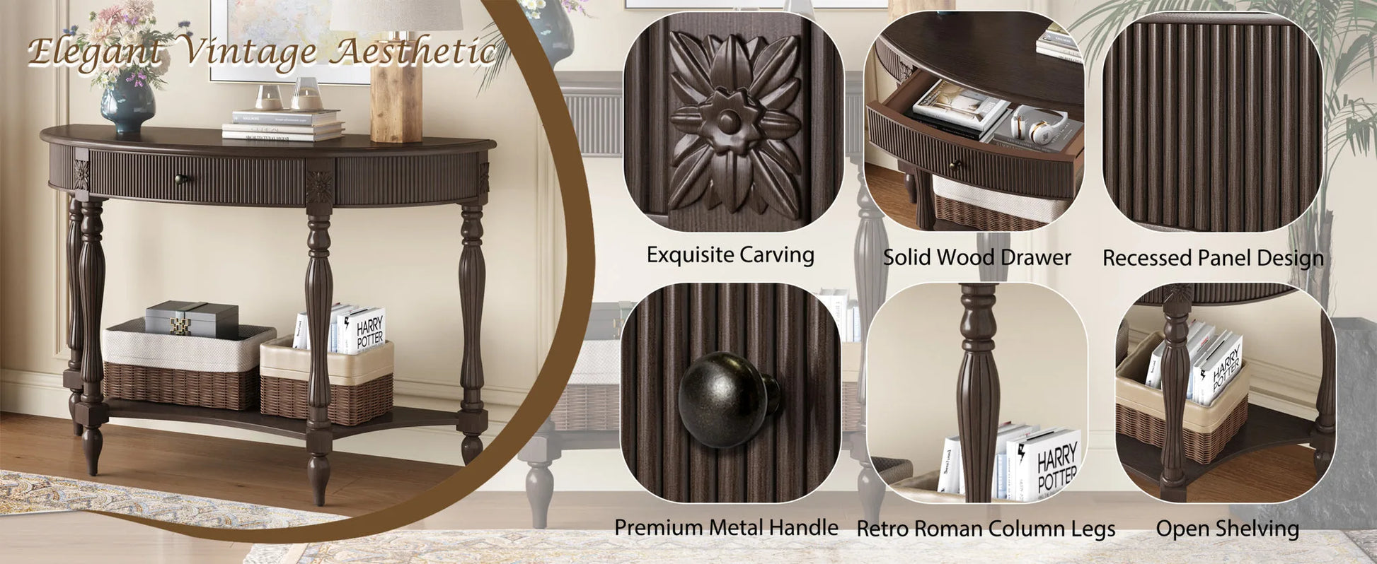 Solid Wood Half Moon Console Table with Drawer & Shelf, Fluted Vintage Curved Entryway Table for Hallway Living Room Foyer, Narrow Space Sofa Table with Roman Column Carved Legs, Deep Rustic Brown detail view 10