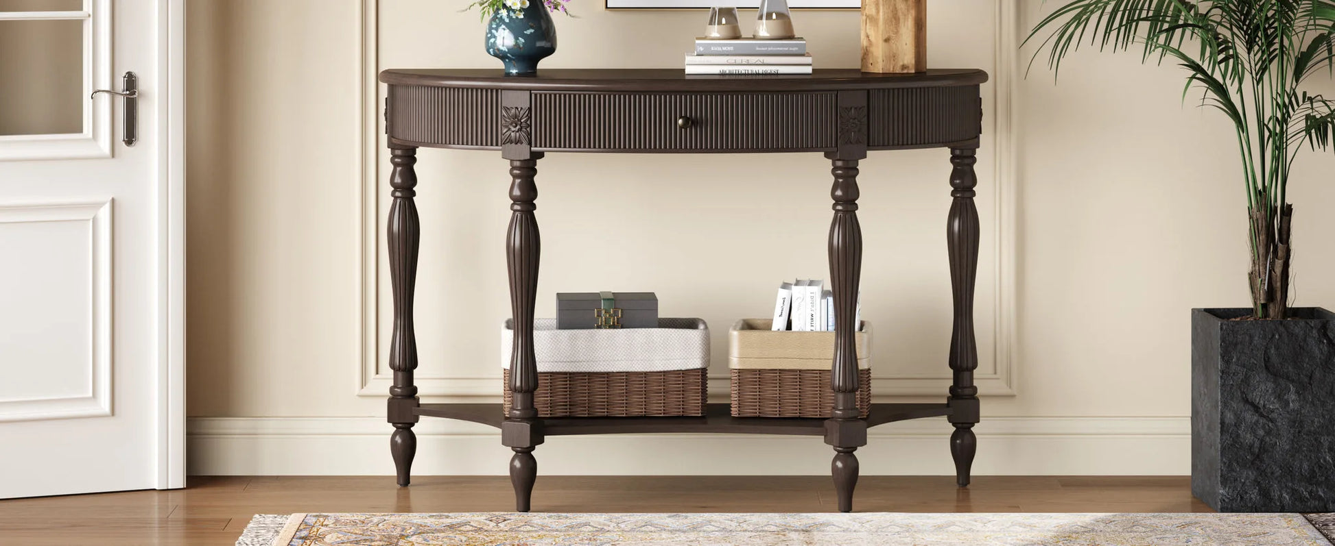 Solid Wood Half Moon Console Table with Drawer & Shelf, Fluted Vintage Curved Entryway Table for Hallway Living Room Foyer, Narrow Space Sofa Table with Roman Column Carved Legs, Deep Rustic Brown detail view 11