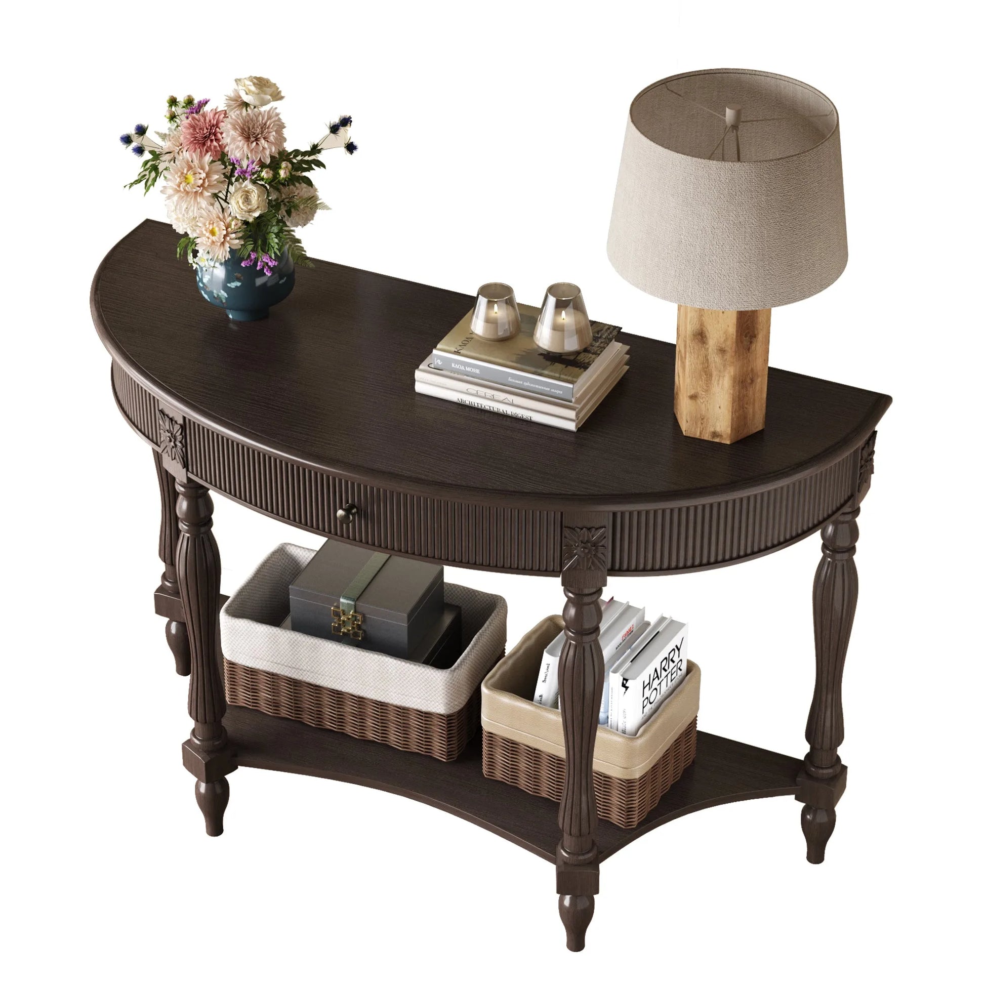 Solid Wood Half Moon Console Table with Drawer & Shelf, Fluted Vintage Curved Entryway Table for Hallway Living Room Foyer, Narrow Space Sofa Table with Roman Column Carved Legs, Deep Rustic Brown detail view 12