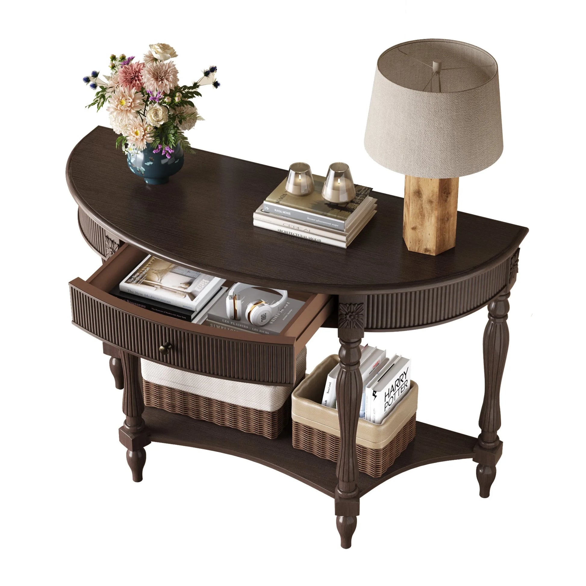 Solid Wood Half Moon Console Table with Drawer & Shelf, Fluted Vintage Curved Entryway Table for Hallway Living Room Foyer, Narrow Space Sofa Table with Roman Column Carved Legs, Deep Rustic Brown detail view 13