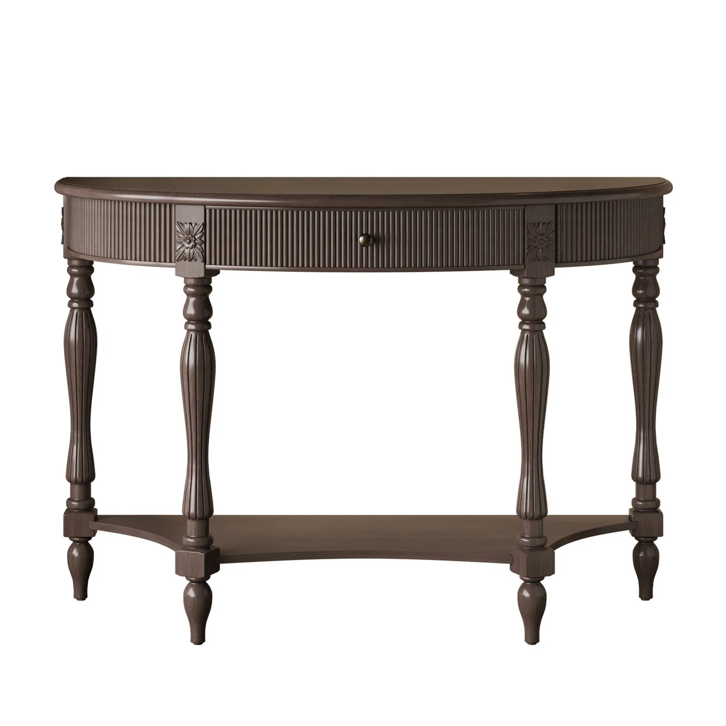 Solid Wood Half Moon Console Table with Drawer & Shelf, Fluted Vintage Curved Entryway Table for Hallway Living Room Foyer, Narrow Space Sofa Table with Roman Column Carved Legs, Deep Rustic Brown detail view 14