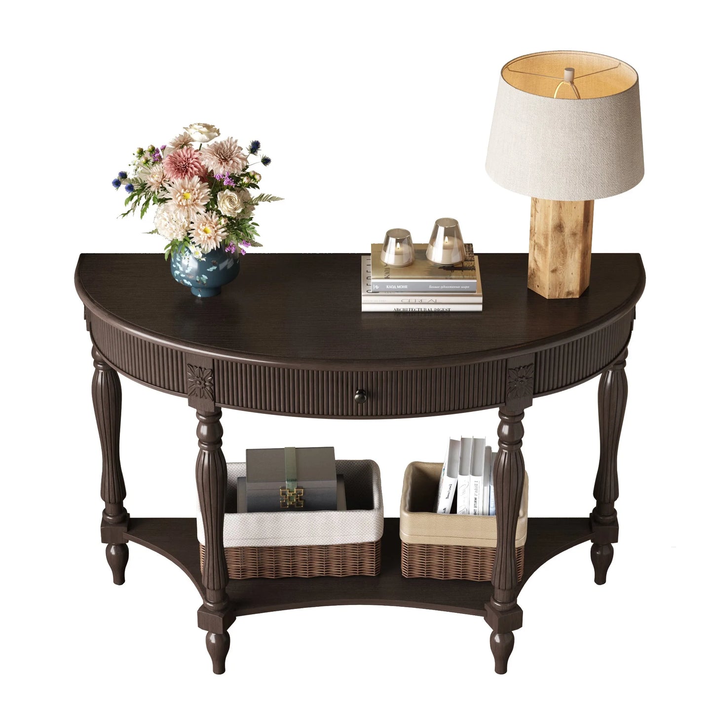 Solid Wood Half Moon Console Table with Drawer & Shelf, Fluted Vintage Curved Entryway Table for Hallway Living Room Foyer, Narrow Space Sofa Table with Roman Column Carved Legs, Deep Rustic Brown detail view 15