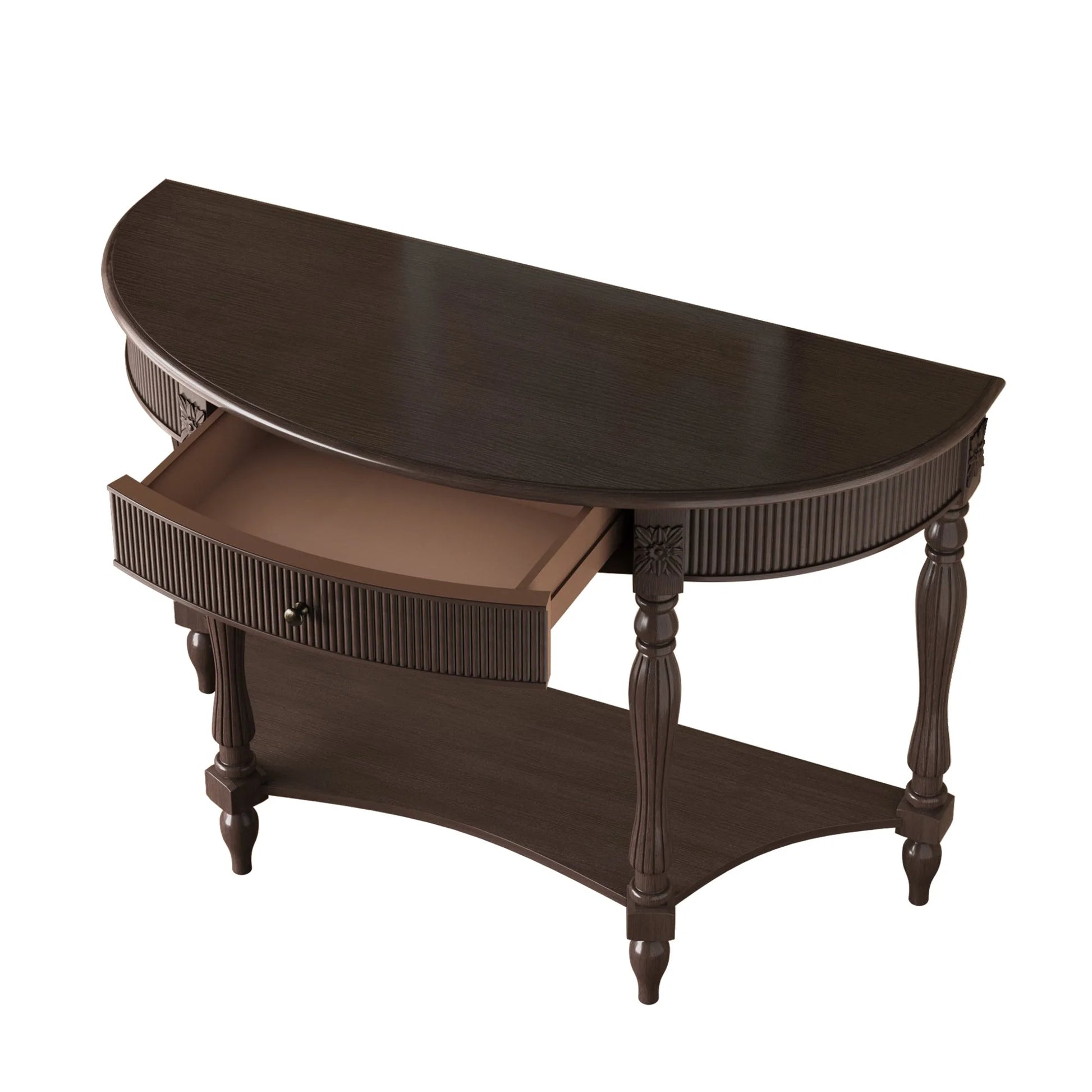 Solid Wood Half Moon Console Table with Drawer & Shelf, Fluted Vintage Curved Entryway Table for Hallway Living Room Foyer, Narrow Space Sofa Table with Roman Column Carved Legs, Deep Rustic Brown detail view 16