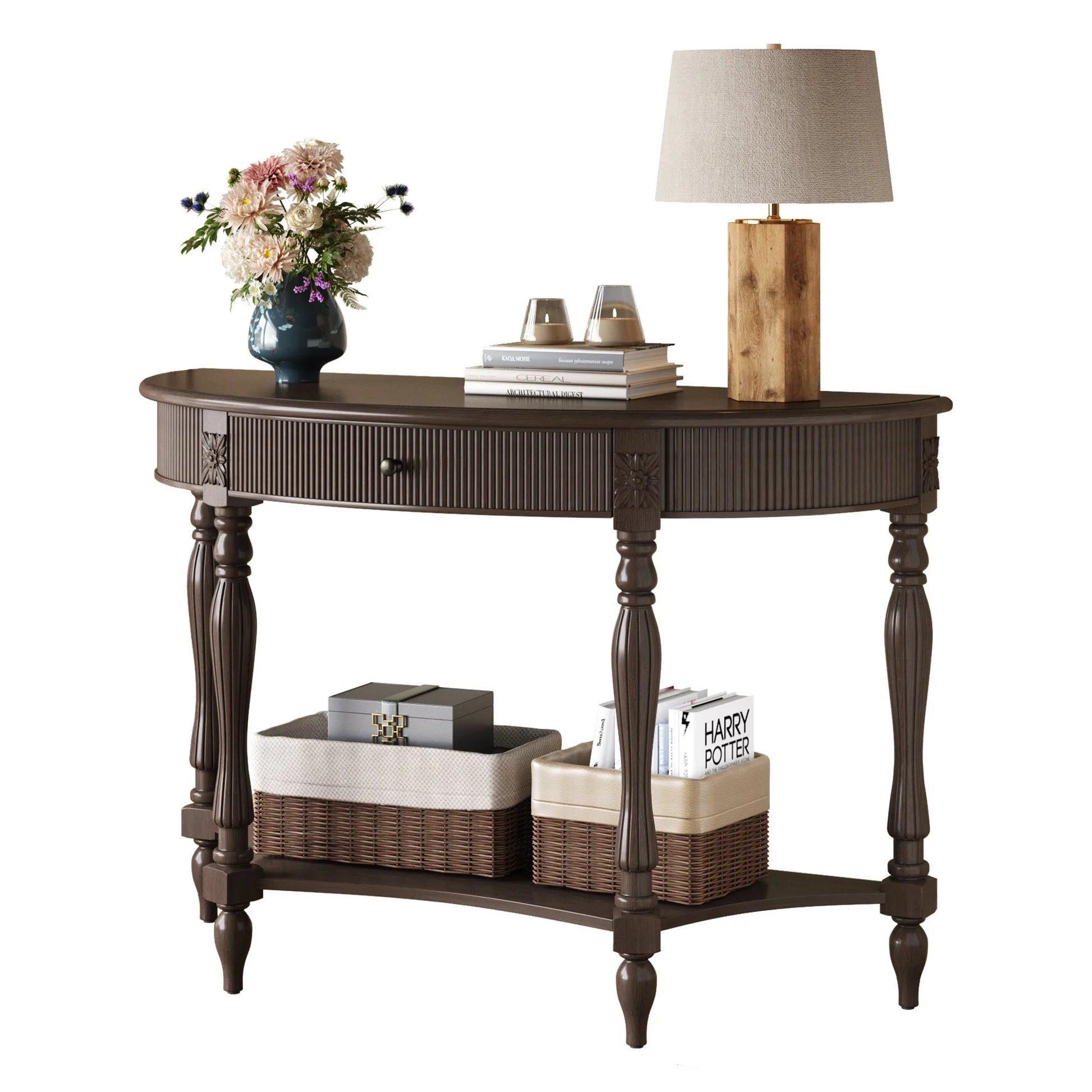 Solid Wood Half Moon Console Table with Drawer & Shelf, Fluted Vintage Curved Entryway Table for Hallway Living Room Foyer, Narrow Space Sofa Table with Roman Column Carved Legs, Deep Rustic Brown detail view 17