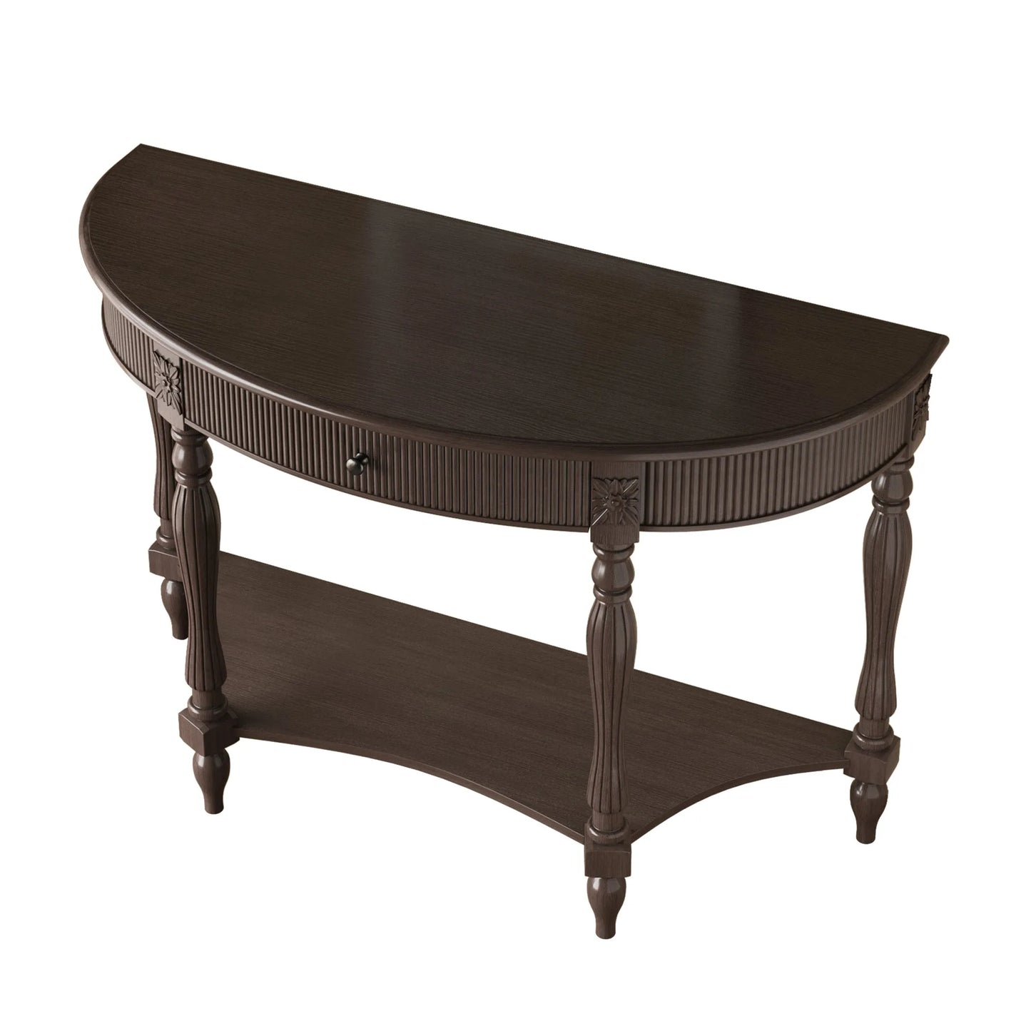Solid Wood Half Moon Console Table with Drawer & Shelf, Fluted Vintage Curved Entryway Table for Hallway Living Room Foyer, Narrow Space Sofa Table with Roman Column Carved Legs, Deep Rustic Brown detail view 18