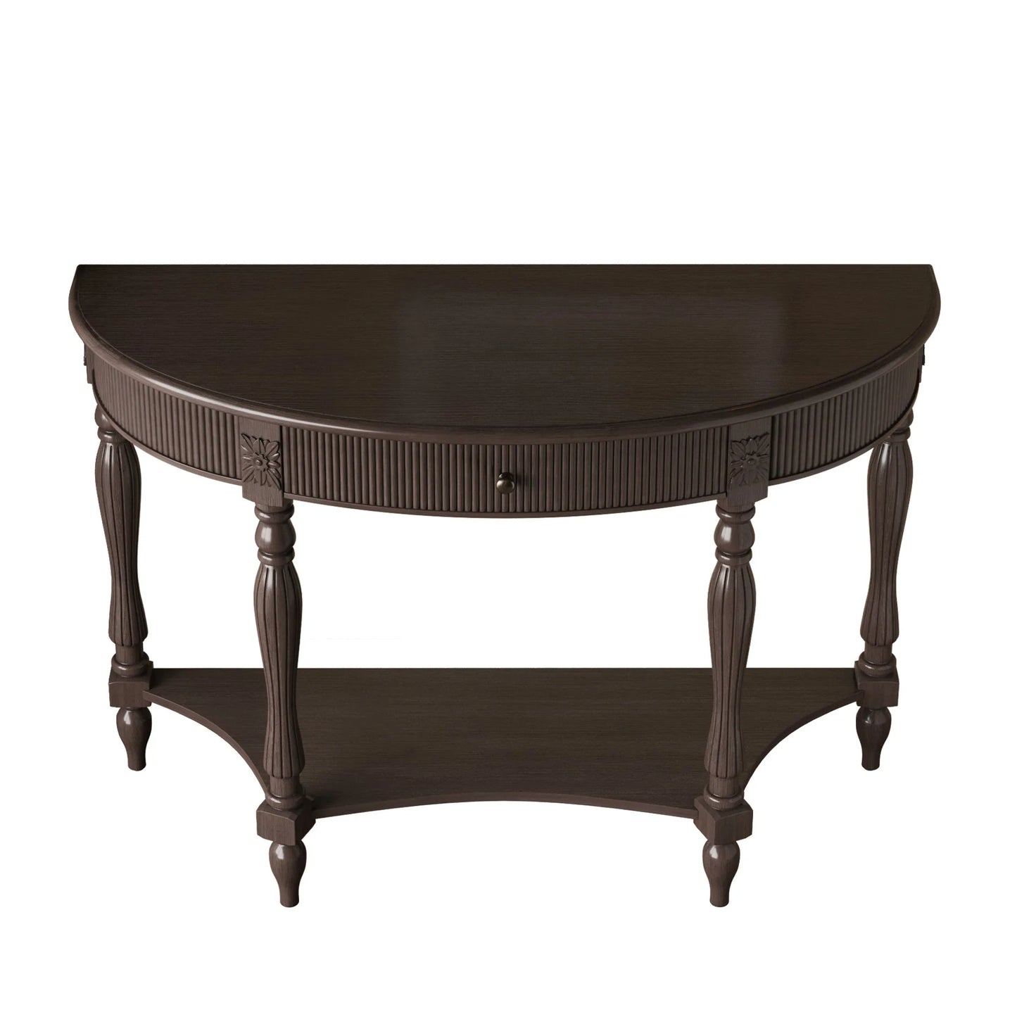 Solid Wood Half Moon Console Table with Drawer & Shelf, Fluted Vintage Curved Entryway Table for Hallway Living Room Foyer, Narrow Space Sofa Table with Roman Column Carved Legs, Deep Rustic Brown detail view 19