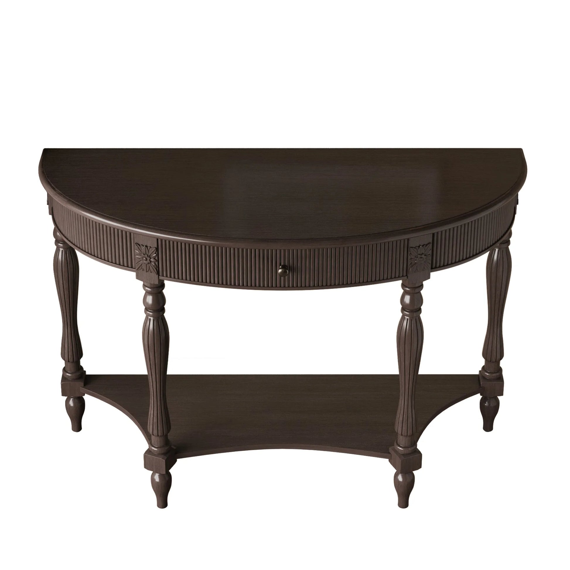 Solid Wood Half Moon Console Table with Drawer & Shelf, Fluted Vintage Curved Entryway Table for Hallway Living Room Foyer, Narrow Space Sofa Table with Roman Column Carved Legs, Deep Rustic Brown detail view 19