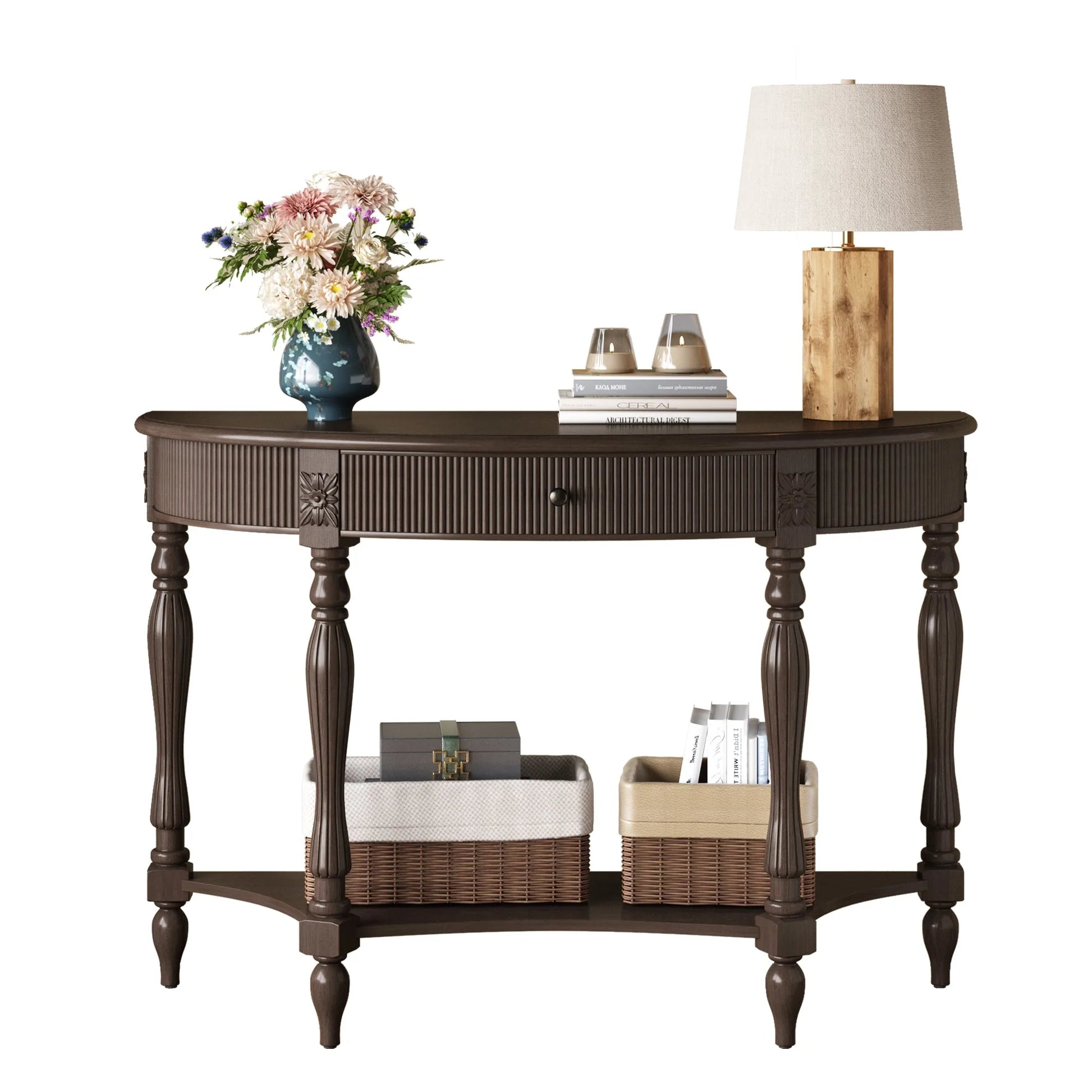 Solid Wood Half Moon Console Table with Drawer & Shelf, Fluted Vintage Curved Entryway Table for Hallway Living Room Foyer, Narrow Space Sofa Table with Roman Column Carved Legs, Deep Rustic Brown detail view 20
