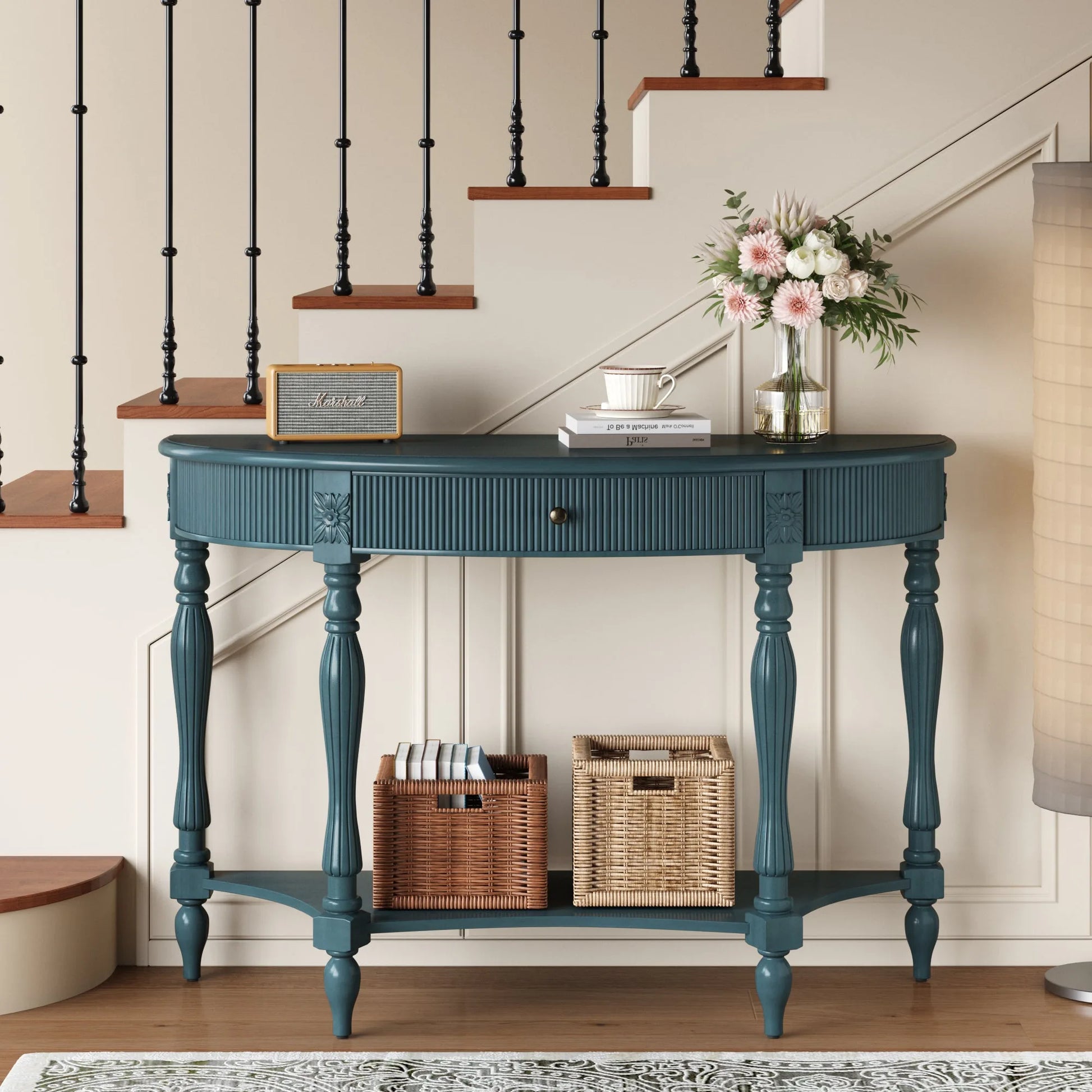 Solid Wood Half Moon Console Table with Drawer & Shelf, Fluted Vintage Curved Entryway Table for Hallway Living Room Foyer, Narrow Space Sofa Table with Roman Column Carved Legs, Deep Rustic Brown detail view 21