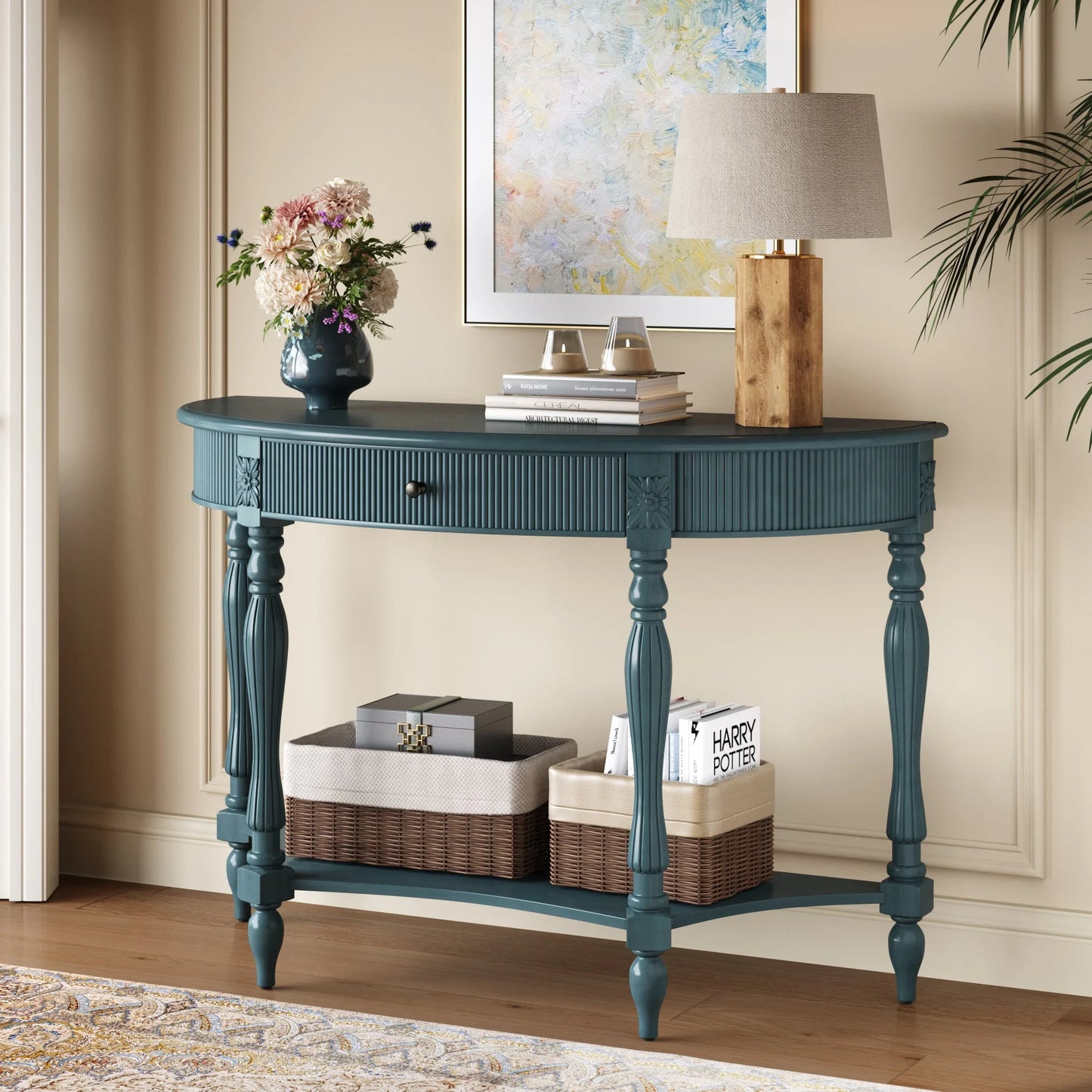 Solid Wood Half Moon Console Table with Drawer & Shelf, Fluted Vintage Curved Entryway Table for Hallway Living Room Foyer, Narrow Space Sofa Table with Roman Column Carved Legs, Deep Rustic Brown detail view 22