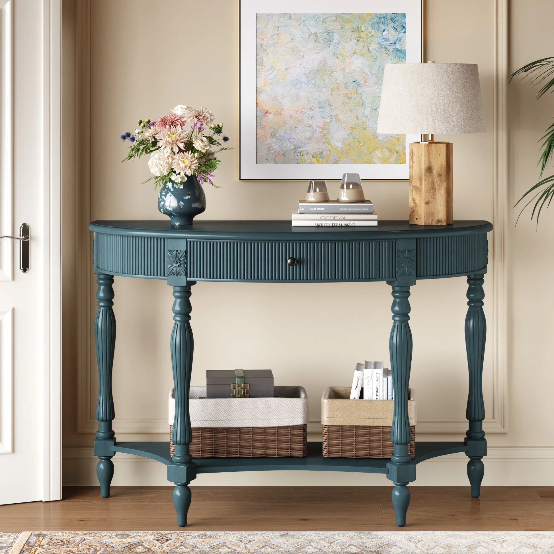 Solid Wood Half Moon Console Table with Drawer & Shelf, Fluted Vintage Curved Entryway Table for Hallway Living Room Foyer, Narrow Space Sofa Table with Roman Column Carved Legs, Deep Rustic Brown detail view 23