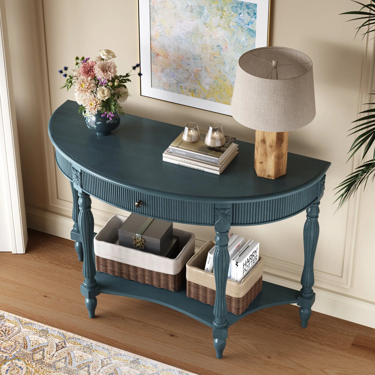 Solid Wood Half Moon Console Table with Drawer & Shelf, Fluted Vintage Curved Entryway Table for Hallway Living Room Foyer, Narrow Space Sofa Table with Roman Column Carved Legs, Deep Rustic Brown detail view 24