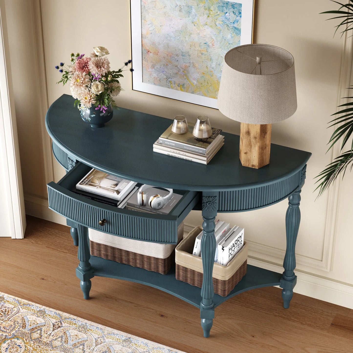 Solid Wood Half Moon Console Table with Drawer & Shelf, Fluted Vintage Curved Entryway Table for Hallway Living Room Foyer, Narrow Space Sofa Table with Roman Column Carved Legs, Deep Rustic Brown detail view 25
