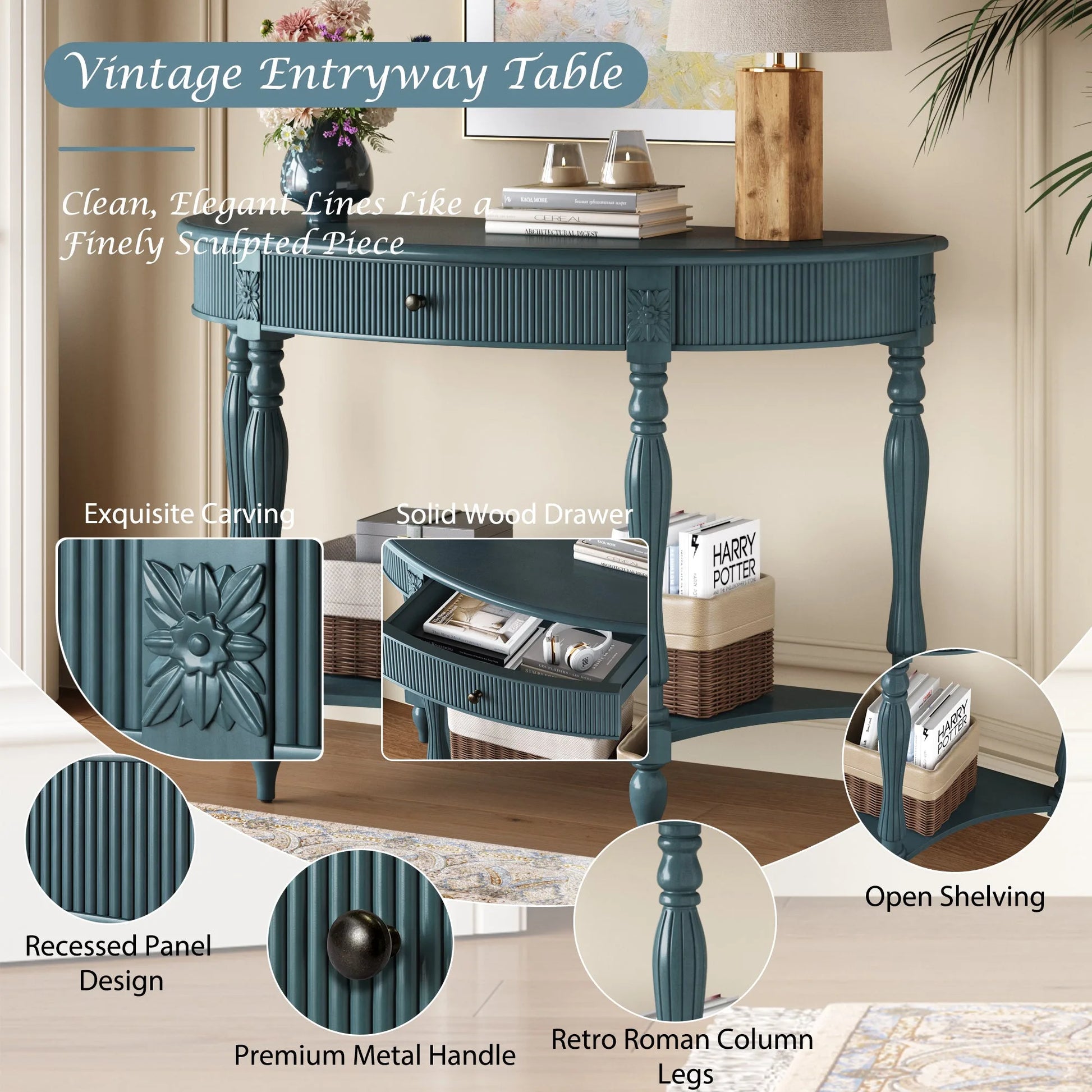 Solid Wood Half Moon Console Table with Drawer & Shelf, Fluted Vintage Curved Entryway Table for Hallway Living Room Foyer, Narrow Space Sofa Table with Roman Column Carved Legs, Deep Rustic Brown detail view 27