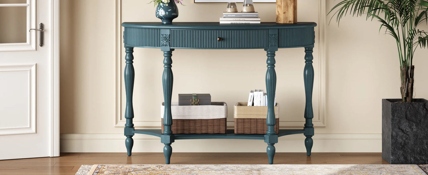 Solid Wood Half Moon Console Table with Drawer & Shelf, Fluted Vintage Curved Entryway Table for Hallway Living Room Foyer, Narrow Space Sofa Table with Roman Column Carved Legs, Deep Rustic Brown detail view 30