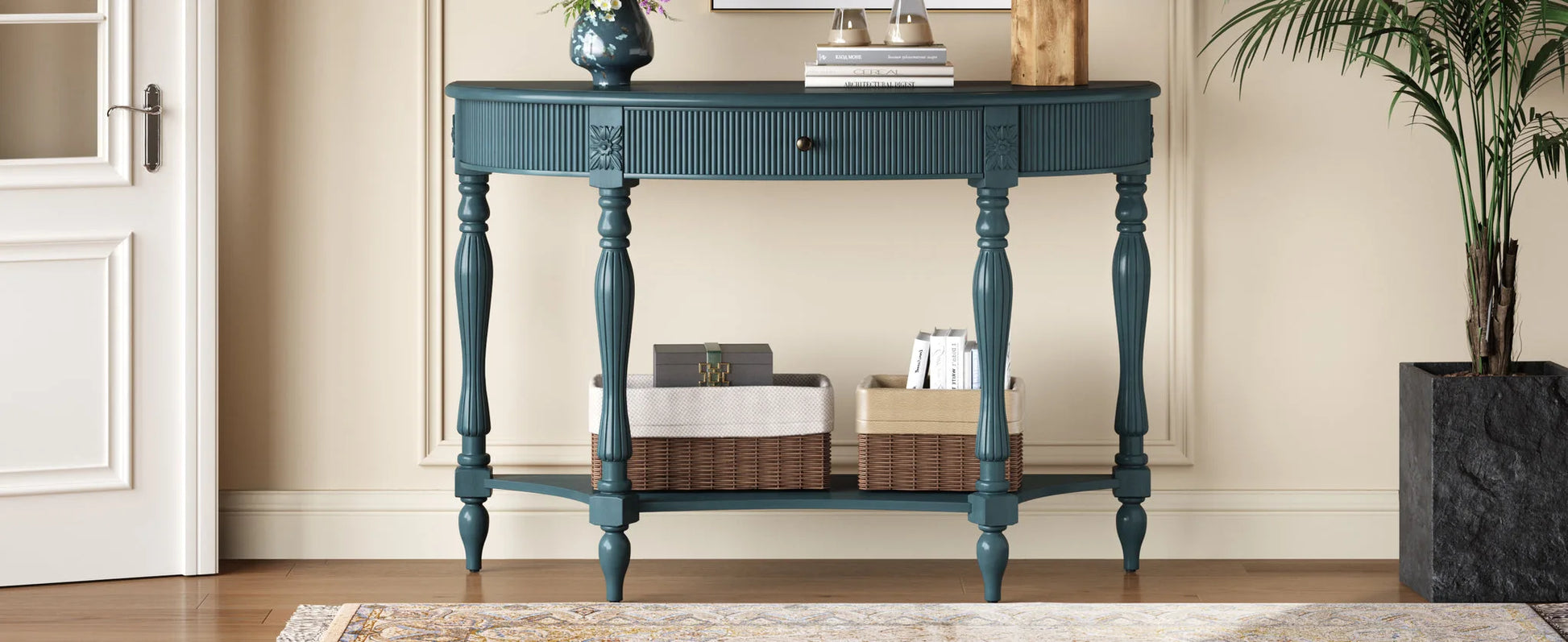Solid Wood Half Moon Console Table with Drawer & Shelf, Fluted Vintage Curved Entryway Table for Hallway Living Room Foyer, Narrow Space Sofa Table with Roman Column Carved Legs, Deep Rustic Brown detail view 30