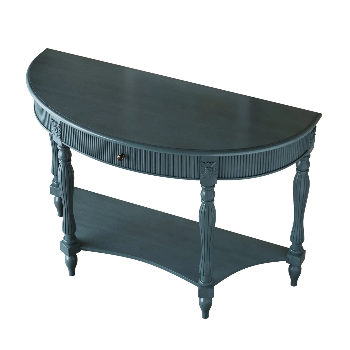 Solid Wood Half Moon Console Table with Drawer & Shelf, Fluted Vintage Curved Entryway Table for Hallway Living Room Foyer, Narrow Space Sofa Table with Roman Column Carved Legs, Deep Rustic Brown detail view 32
