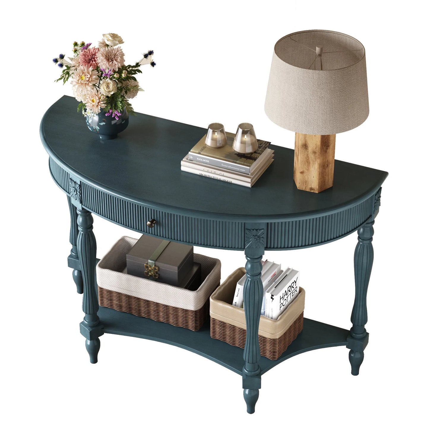 Solid Wood Half Moon Console Table with Drawer & Shelf, Fluted Vintage Curved Entryway Table for Hallway Living Room Foyer, Narrow Space Sofa Table with Roman Column Carved Legs, Deep Rustic Brown detail view 33