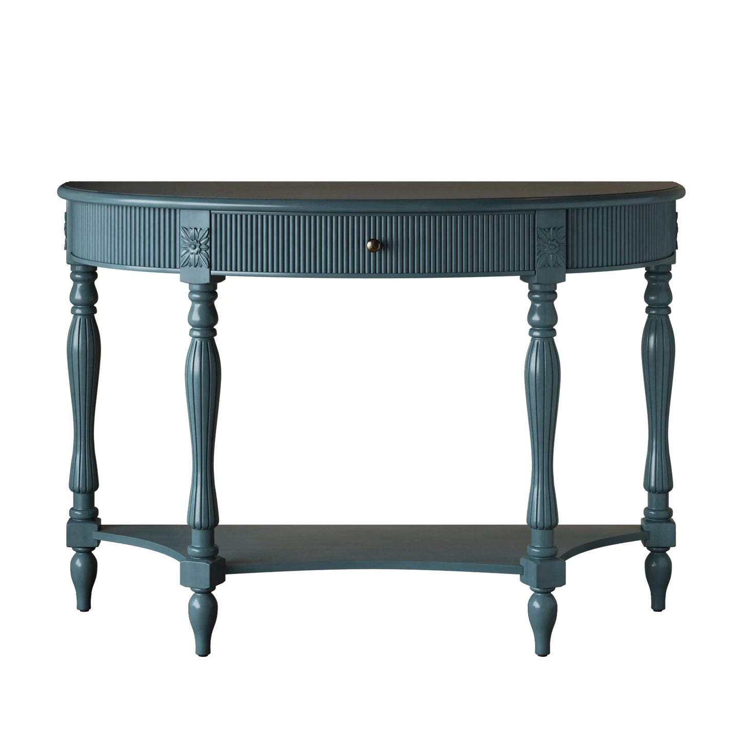 Solid Wood Half Moon Console Table with Drawer & Shelf, Fluted Vintage Curved Entryway Table for Hallway Living Room Foyer, Narrow Space Sofa Table with Roman Column Carved Legs, Deep Rustic Brown detail view 35