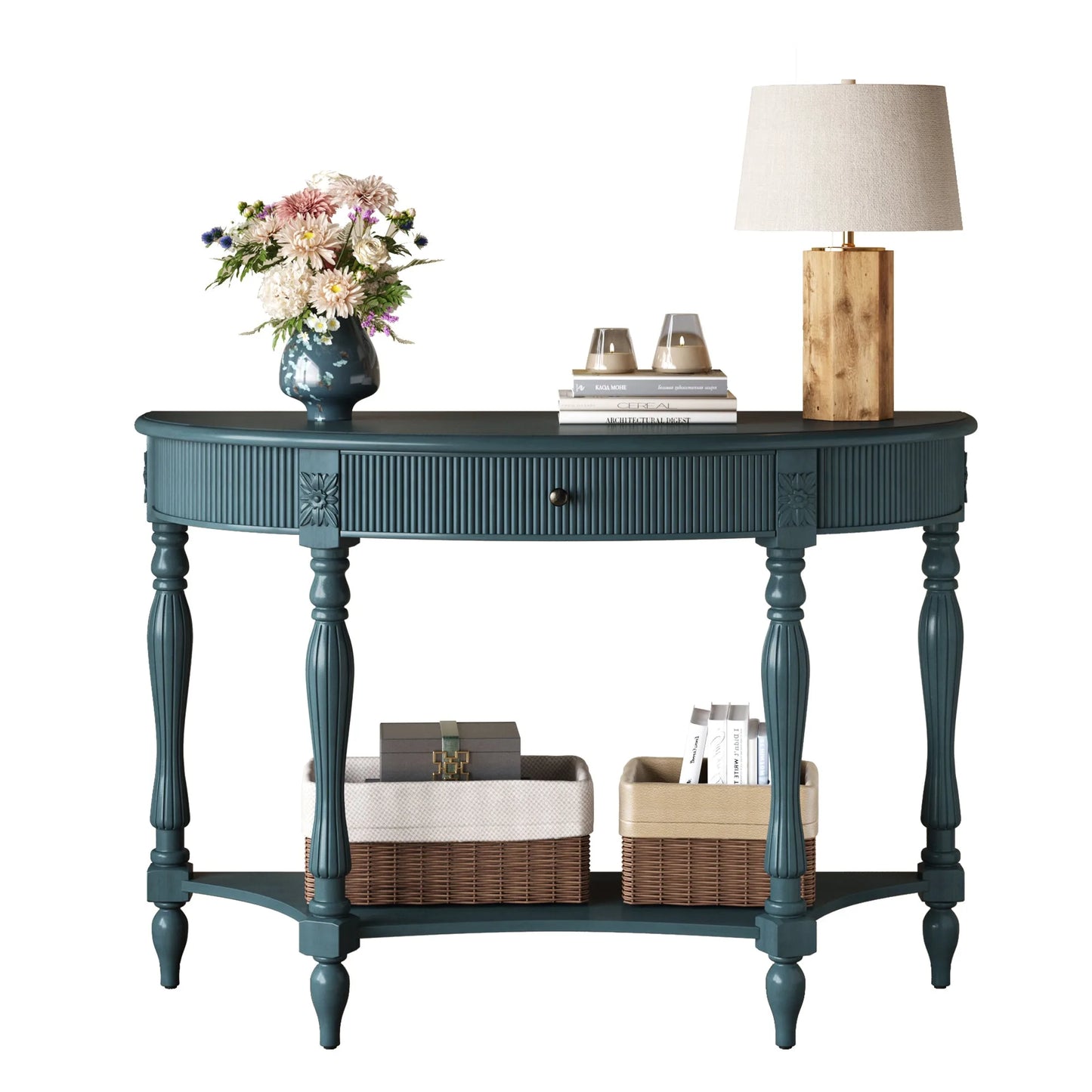 Solid Wood Half Moon Console Table with Drawer & Shelf, Fluted Vintage Curved Entryway Table for Hallway Living Room Foyer, Narrow Space Sofa Table with Roman Column Carved Legs, Deep Rustic Brown detail view 36