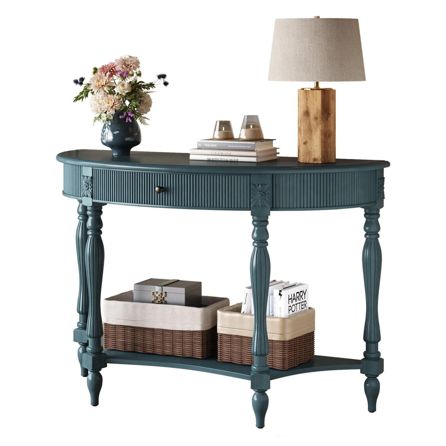 Solid Wood Half Moon Console Table with Drawer & Shelf, Fluted Vintage Curved Entryway Table for Hallway Living Room Foyer, Narrow Space Sofa Table with Roman Column Carved Legs, Deep Rustic Brown detail view 38