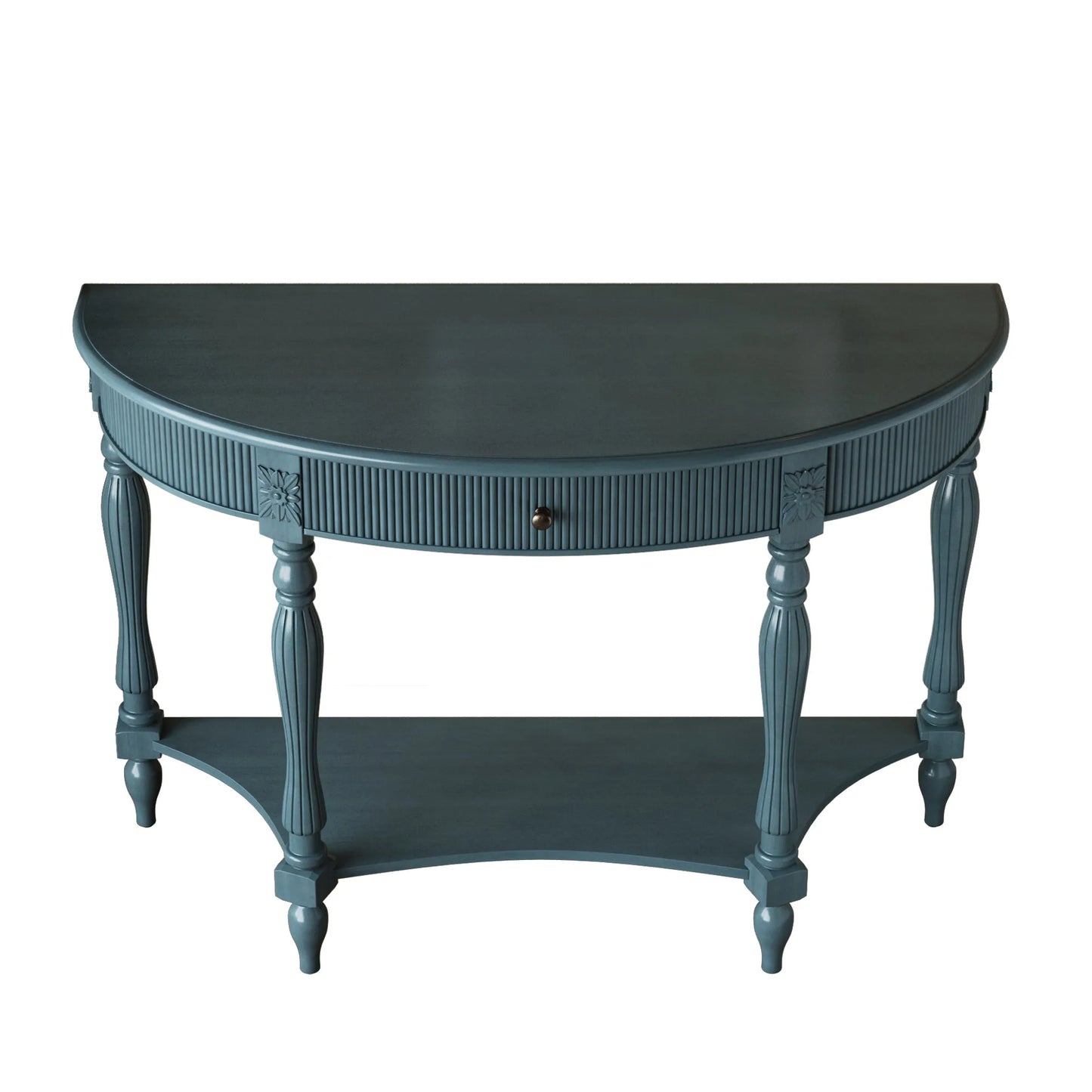 Solid Wood Half Moon Console Table with Drawer & Shelf, Fluted Vintage Curved Entryway Table for Hallway Living Room Foyer, Narrow Space Sofa Table with Roman Column Carved Legs, Deep Rustic Brown detail view 39