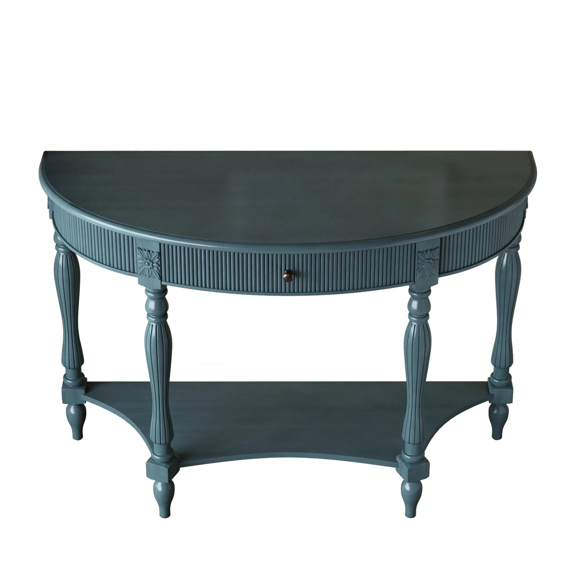 Solid Wood Half Moon Console Table with Drawer & Shelf, Fluted Vintage Curved Entryway Table for Hallway Living Room Foyer, Narrow Space Sofa Table with Roman Column Carved Legs, Deep Rustic Brown detail view 39