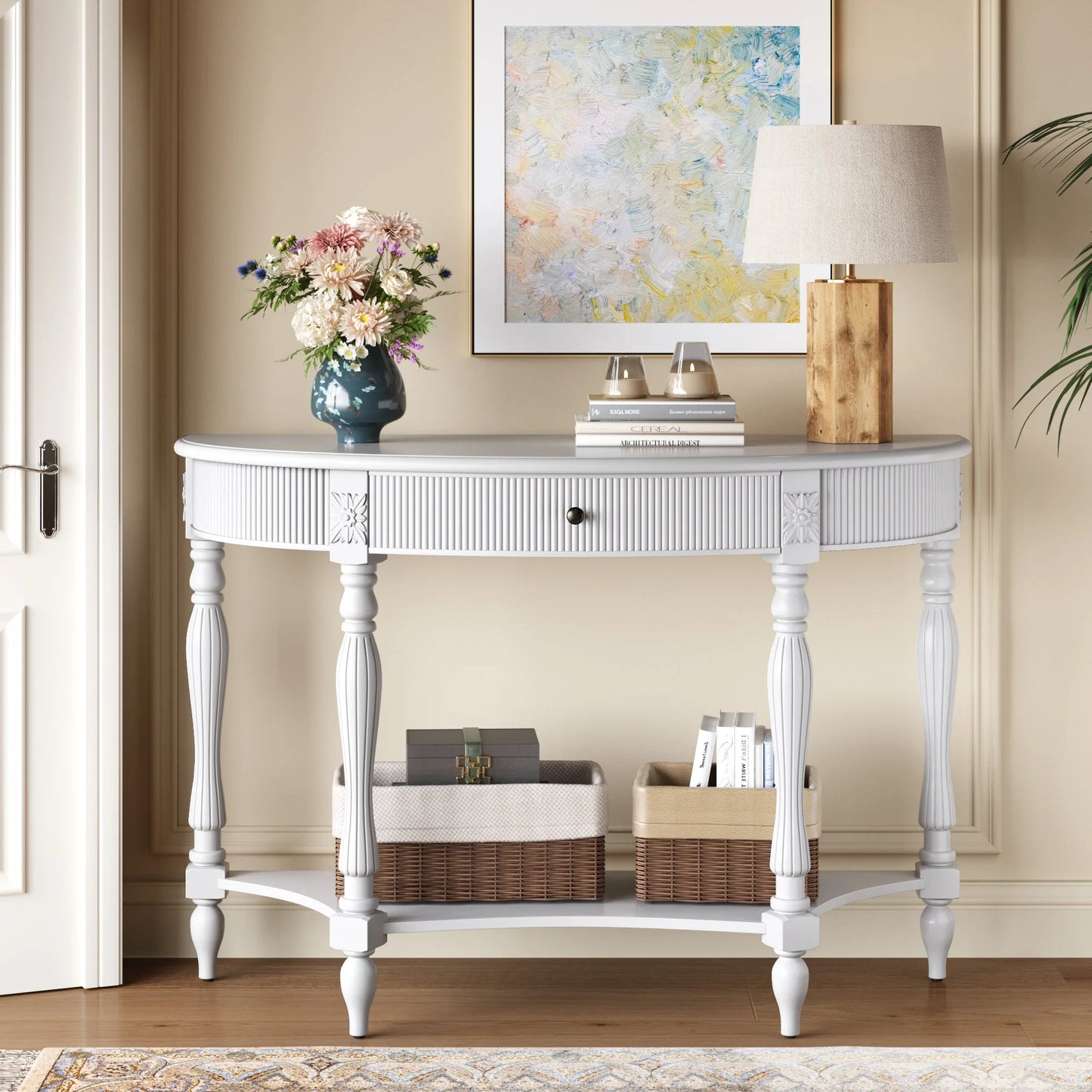 Solid Wood Half Moon Console Table with Drawer & Shelf, Fluted Vintage Curved Entryway Table for Hallway Living Room Foyer, Narrow Space Sofa Table with Roman Column Carved Legs, Deep Rustic Brown detail view 40