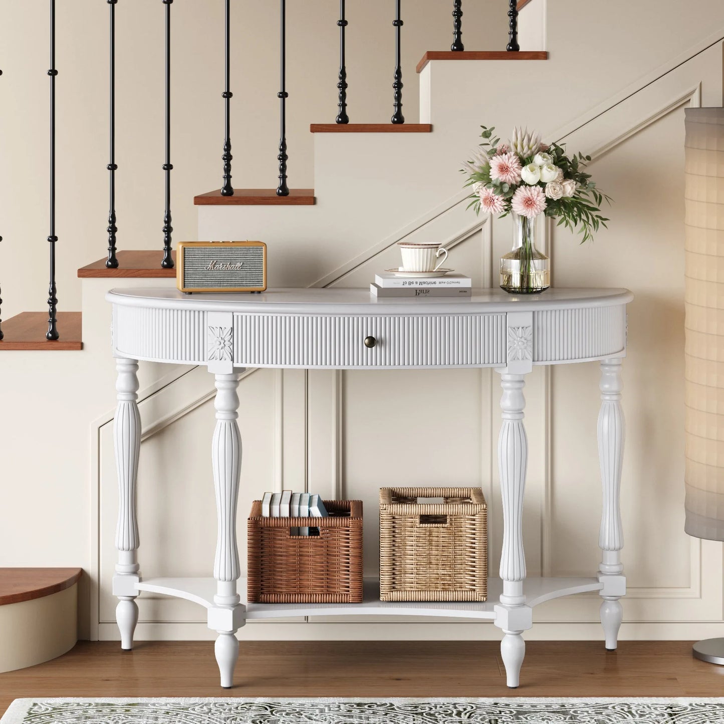 Solid Wood Half Moon Console Table with Drawer & Shelf, Fluted Vintage Curved Entryway Table for Hallway Living Room Foyer, Narrow Space Sofa Table with Roman Column Carved Legs, Deep Rustic Brown detail view 41