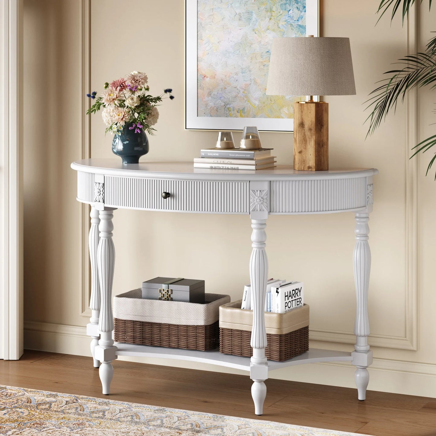Solid Wood Half Moon Console Table with Drawer & Shelf, Fluted Vintage Curved Entryway Table for Hallway Living Room Foyer, Narrow Space Sofa Table with Roman Column Carved Legs, Deep Rustic Brown detail view 42