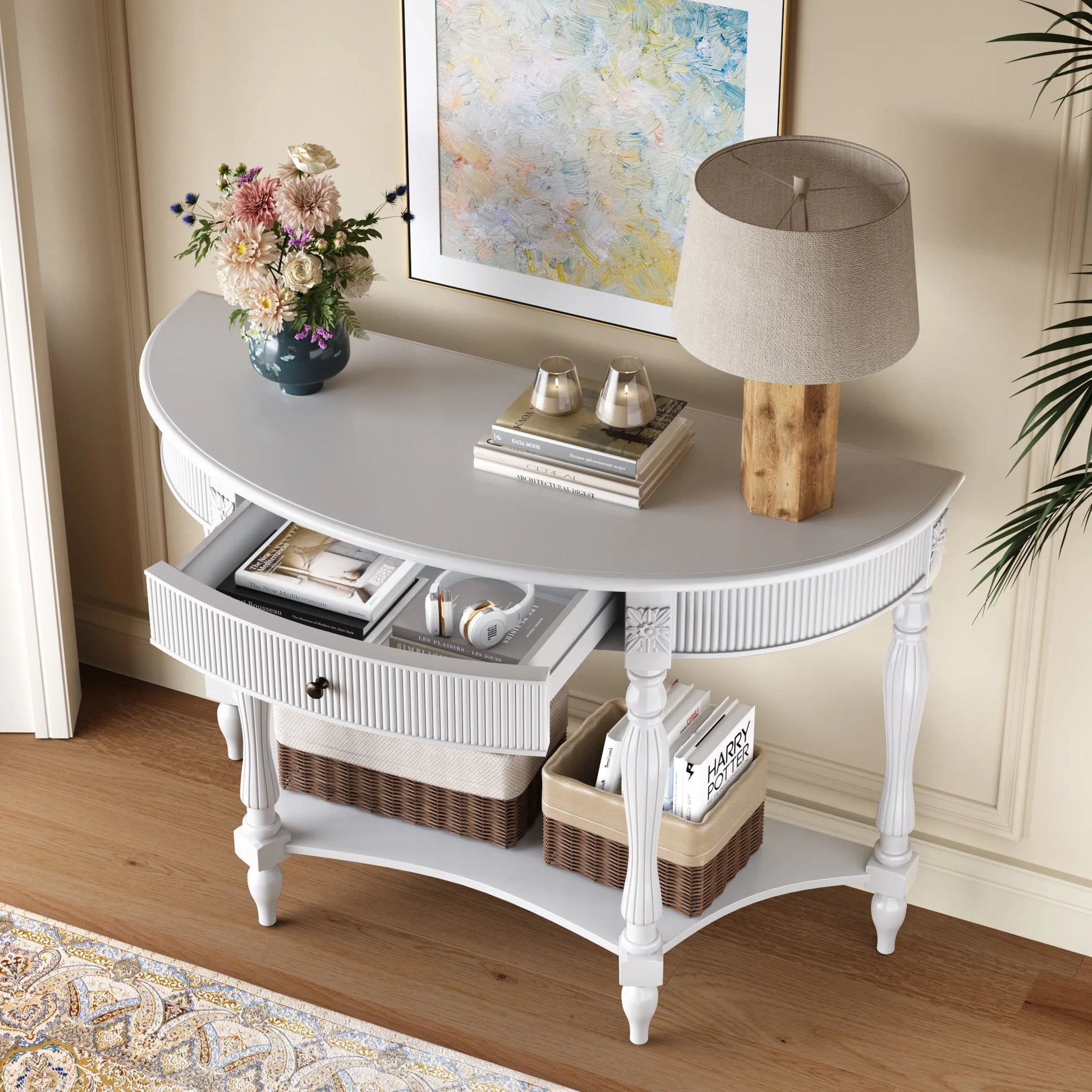 Solid Wood Half Moon Console Table with Drawer & Shelf, Fluted Vintage Curved Entryway Table for Hallway Living Room Foyer, Narrow Space Sofa Table with Roman Column Carved Legs, Deep Rustic Brown detail view 43