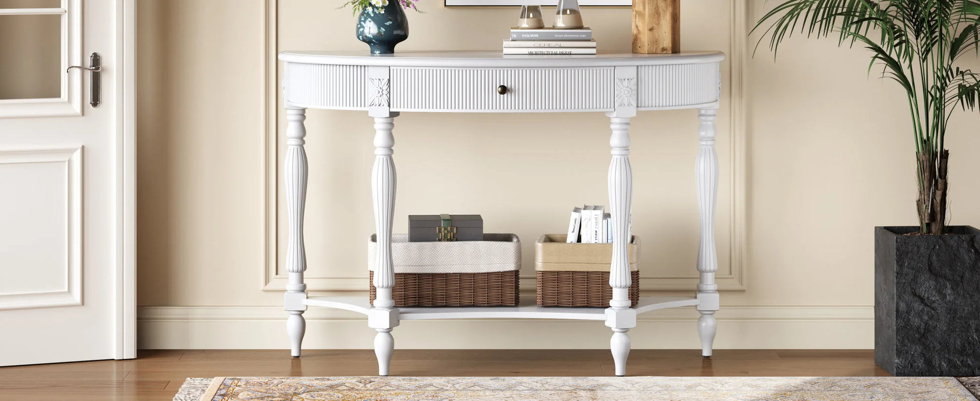 Solid Wood Half Moon Console Table with Drawer & Shelf, Fluted Vintage Curved Entryway Table for Hallway Living Room Foyer, Narrow Space Sofa Table with Roman Column Carved Legs, Deep Rustic Brown detail view 46