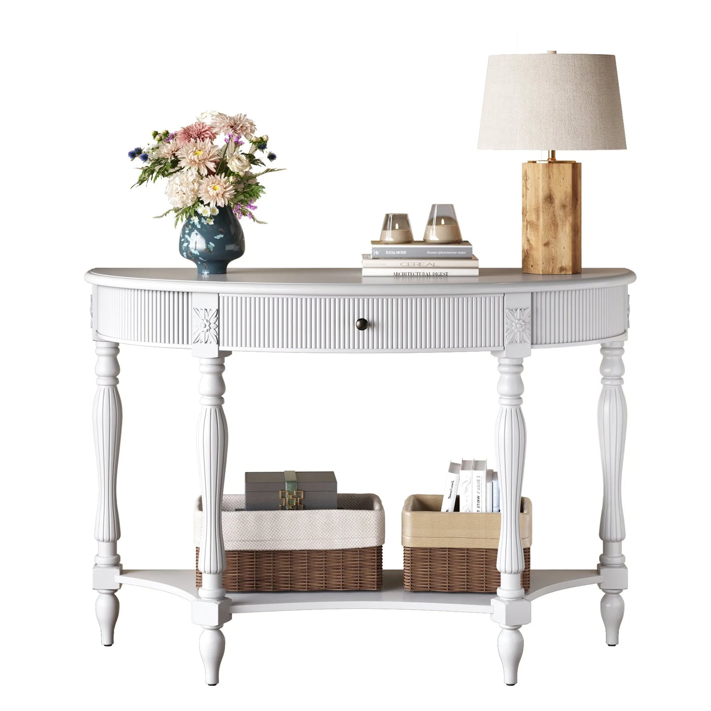 Solid Wood Half Moon Console Table with Drawer & Shelf, Fluted Vintage Curved Entryway Table for Hallway Living Room Foyer, Narrow Space Sofa Table with Roman Column Carved Legs, Deep Rustic Brown detail view 49