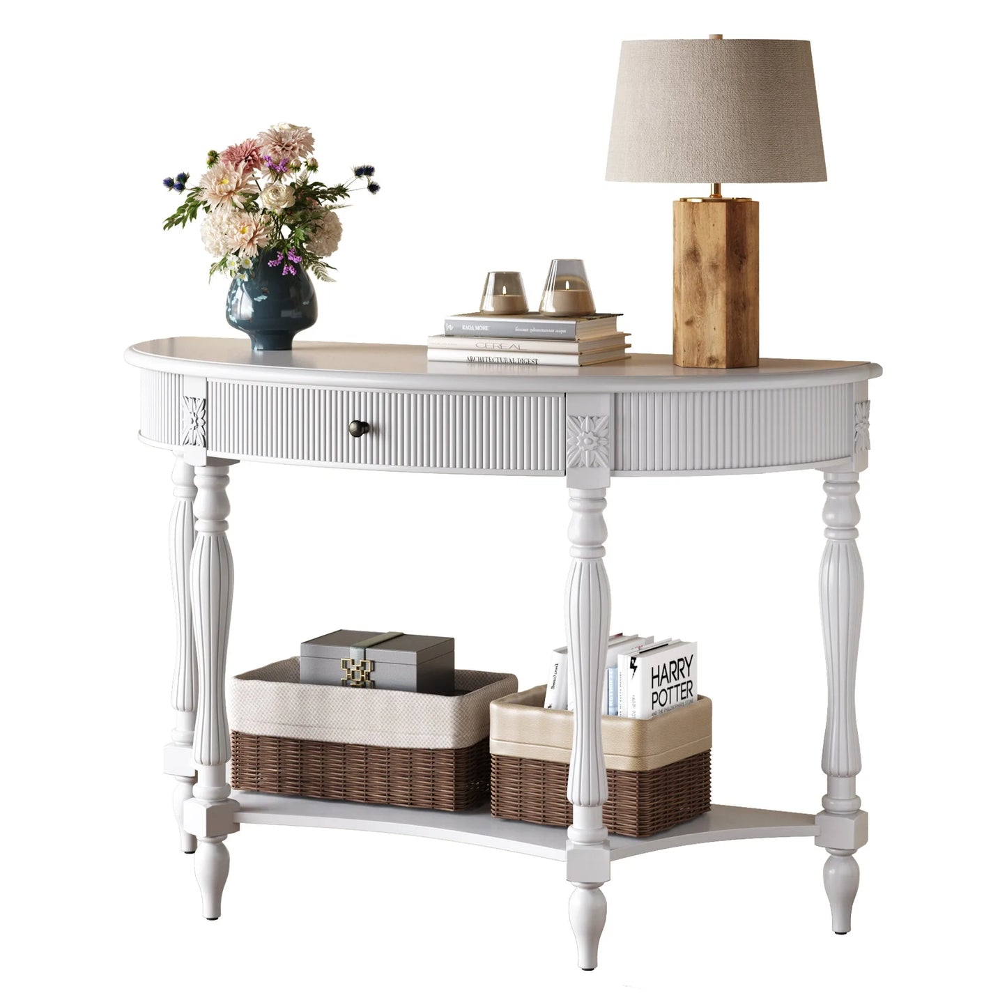 Solid Wood Half Moon Console Table with Drawer & Shelf, Fluted Vintage Curved Entryway Table for Hallway Living Room Foyer, Narrow Space Sofa Table with Roman Column Carved Legs, Deep Rustic Brown detail view 50