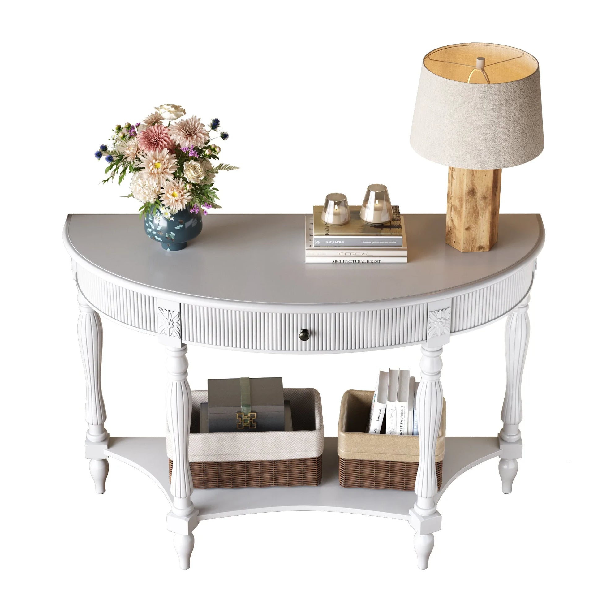 Solid Wood Half Moon Console Table with Drawer & Shelf, Fluted Vintage Curved Entryway Table for Hallway Living Room Foyer, Narrow Space Sofa Table with Roman Column Carved Legs, Deep Rustic Brown detail view 51