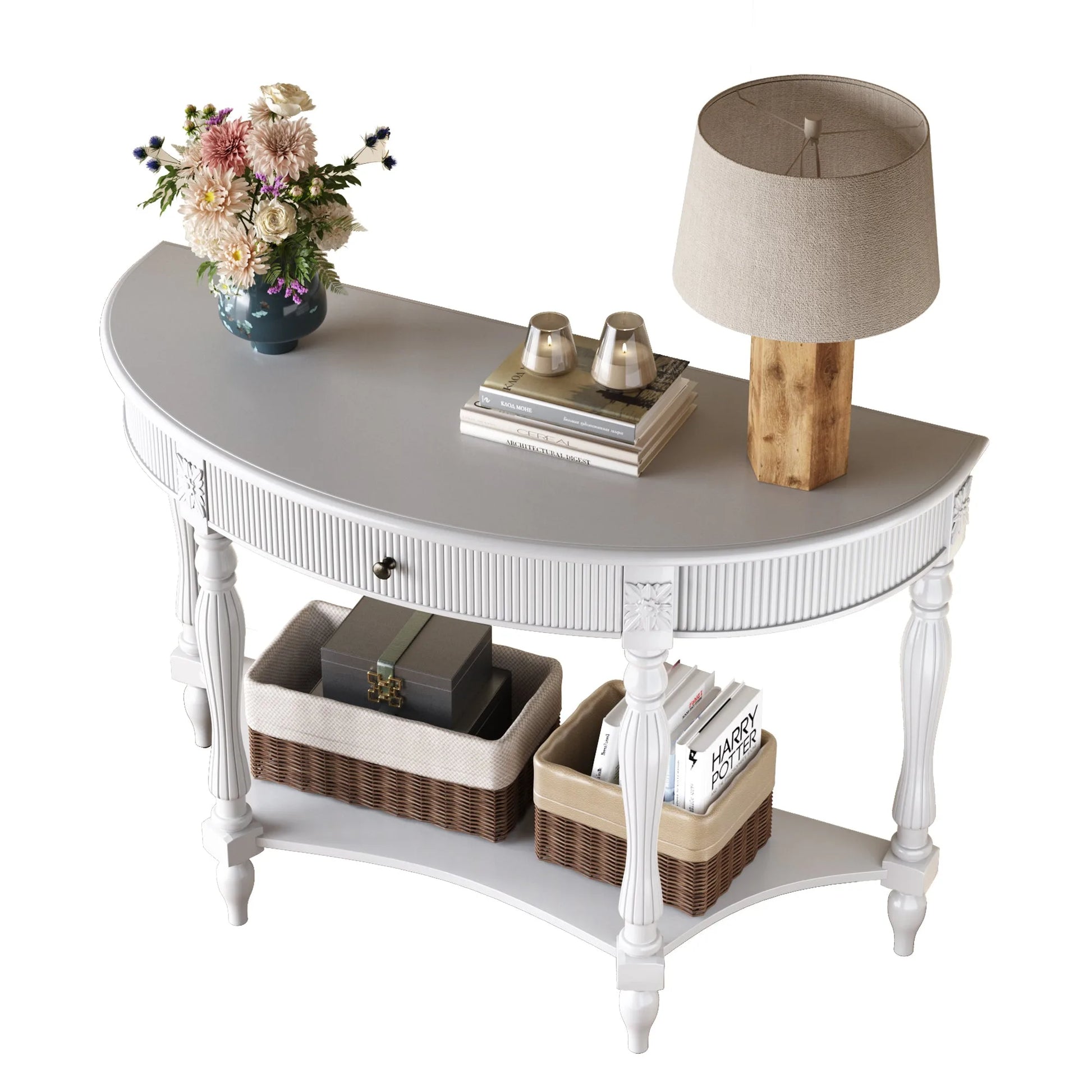 Solid Wood Half Moon Console Table with Drawer & Shelf, Fluted Vintage Curved Entryway Table for Hallway Living Room Foyer, Narrow Space Sofa Table with Roman Column Carved Legs, Deep Rustic Brown detail view 52