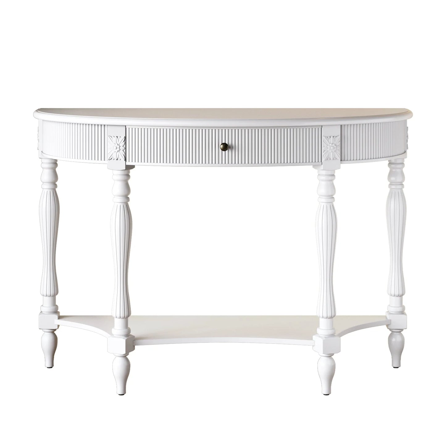 Solid Wood Half Moon Console Table with Drawer & Shelf, Fluted Vintage Curved Entryway Table for Hallway Living Room Foyer, Narrow Space Sofa Table with Roman Column Carved Legs, Deep Rustic Brown detail view 54