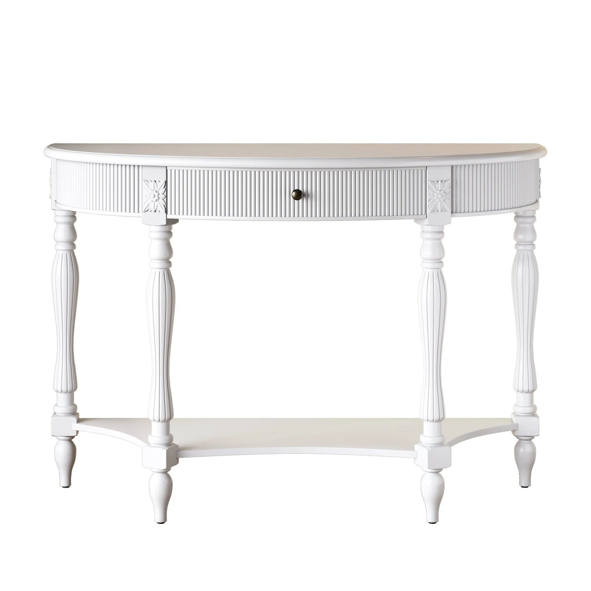 Solid Wood Half Moon Console Table with Drawer & Shelf, Fluted Vintage Curved Entryway Table for Hallway Living Room Foyer, Narrow Space Sofa Table with Roman Column Carved Legs, Deep Rustic Brown detail view 54