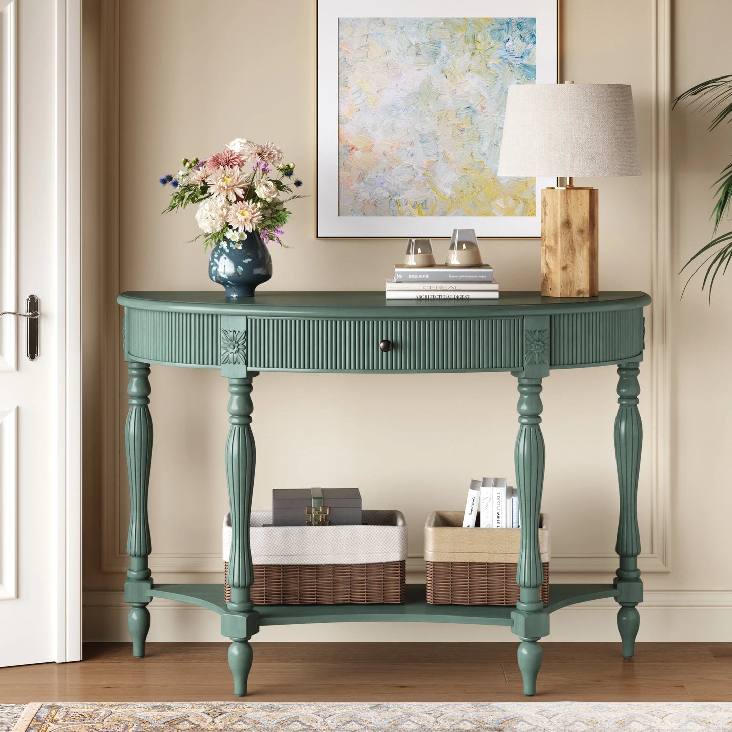 Solid Wood Half Moon Console Table with Drawer & Shelf, Fluted Vintage Curved Entryway Table for Hallway Living Room Foyer, Narrow Space Sofa Table with Roman Column Carved Legs, Deep Rustic Brown detail view 58