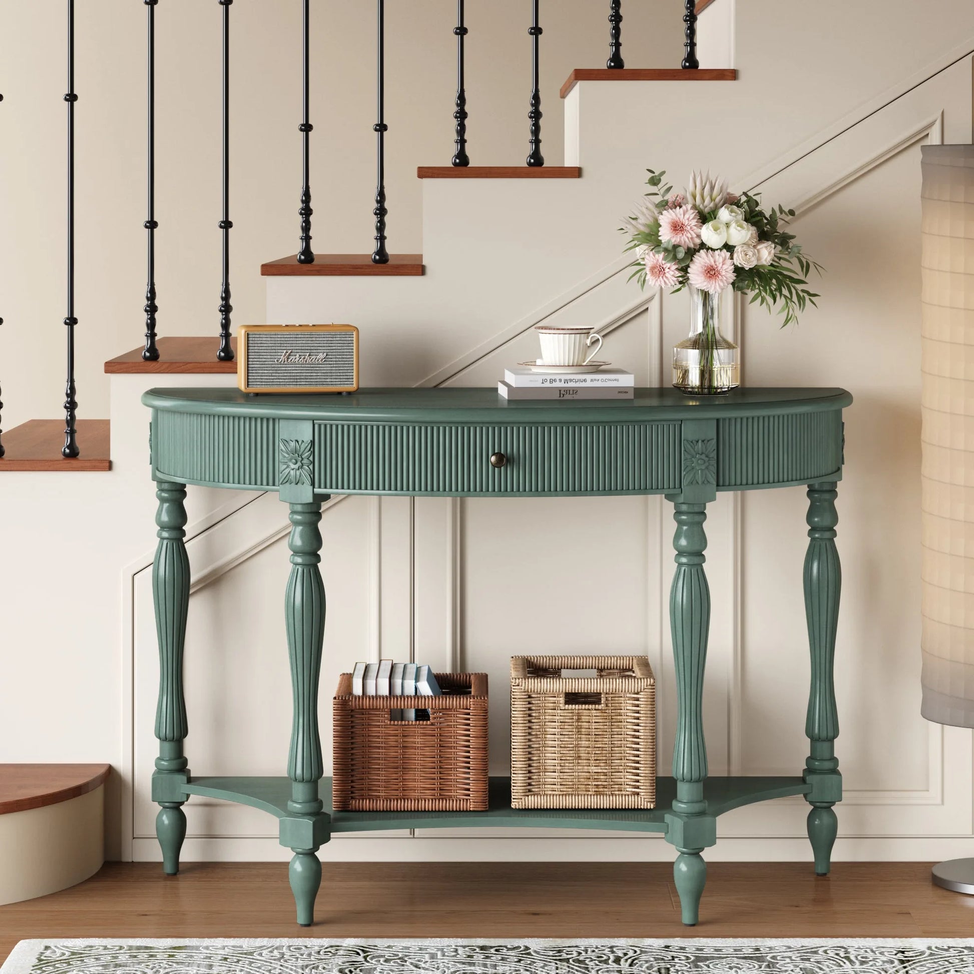 Solid Wood Half Moon Console Table with Drawer & Shelf, Fluted Vintage Curved Entryway Table for Hallway Living Room Foyer, Narrow Space Sofa Table with Roman Column Carved Legs, Deep Rustic Brown detail view 59