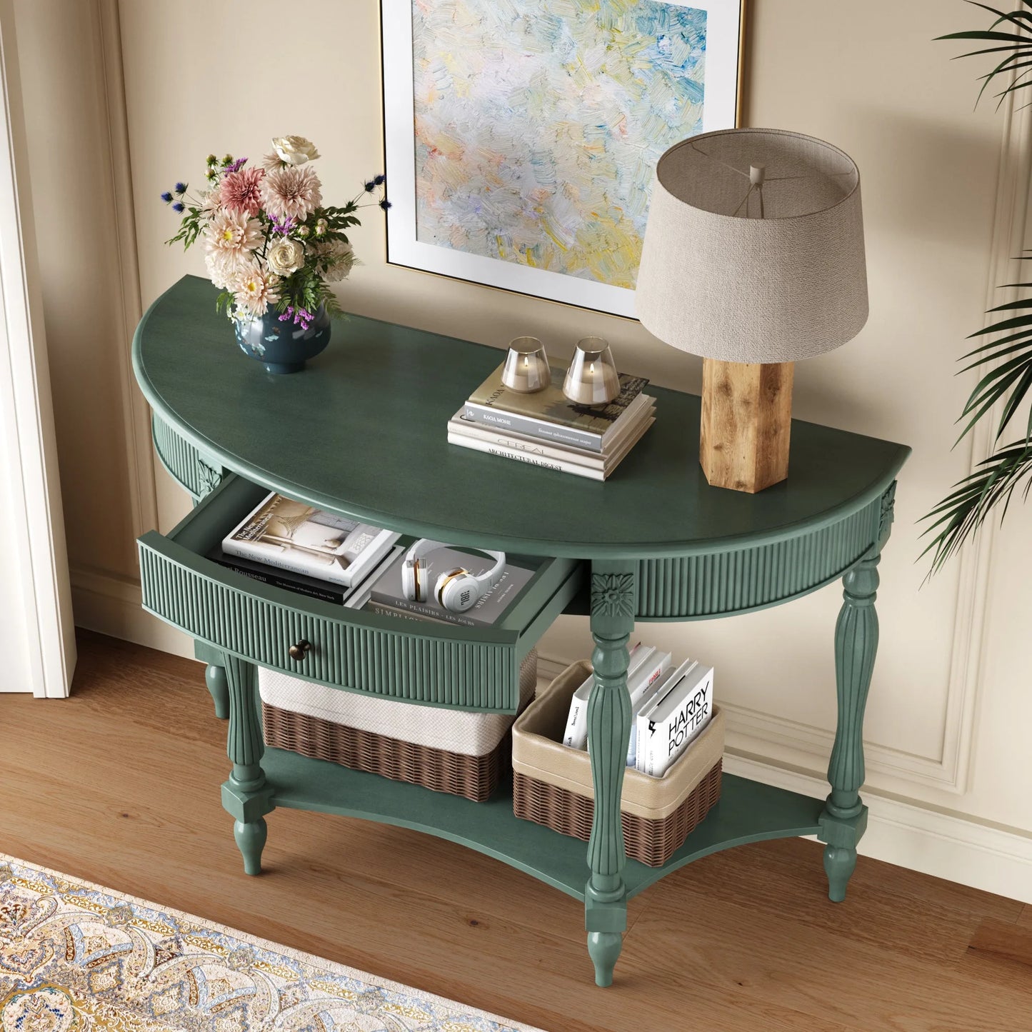 Solid Wood Half Moon Console Table with Drawer & Shelf, Fluted Vintage Curved Entryway Table for Hallway Living Room Foyer, Narrow Space Sofa Table with Roman Column Carved Legs, Deep Rustic Brown detail view 60