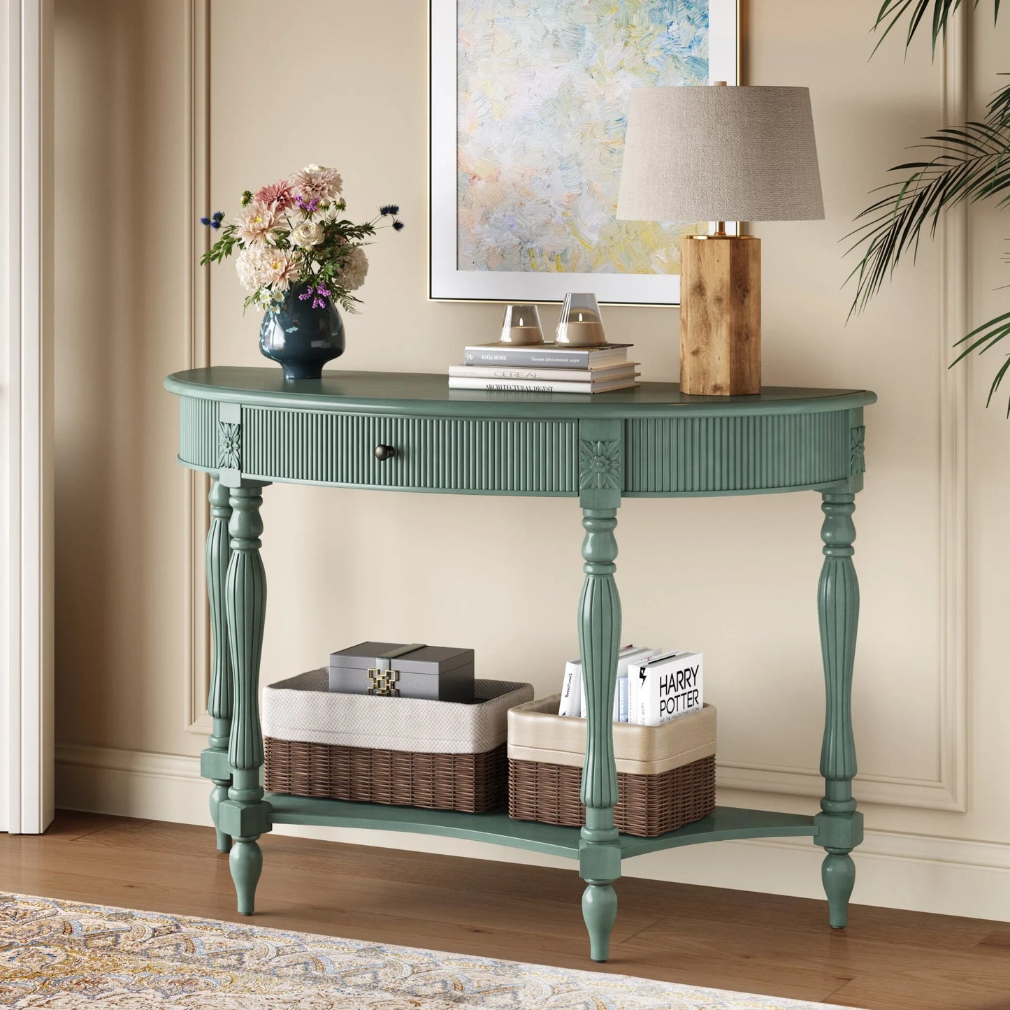Solid Wood Half Moon Console Table with Drawer & Shelf, Fluted Vintage Curved Entryway Table for Hallway Living Room Foyer, Narrow Space Sofa Table with Roman Column Carved Legs, Deep Rustic Brown detail view 61